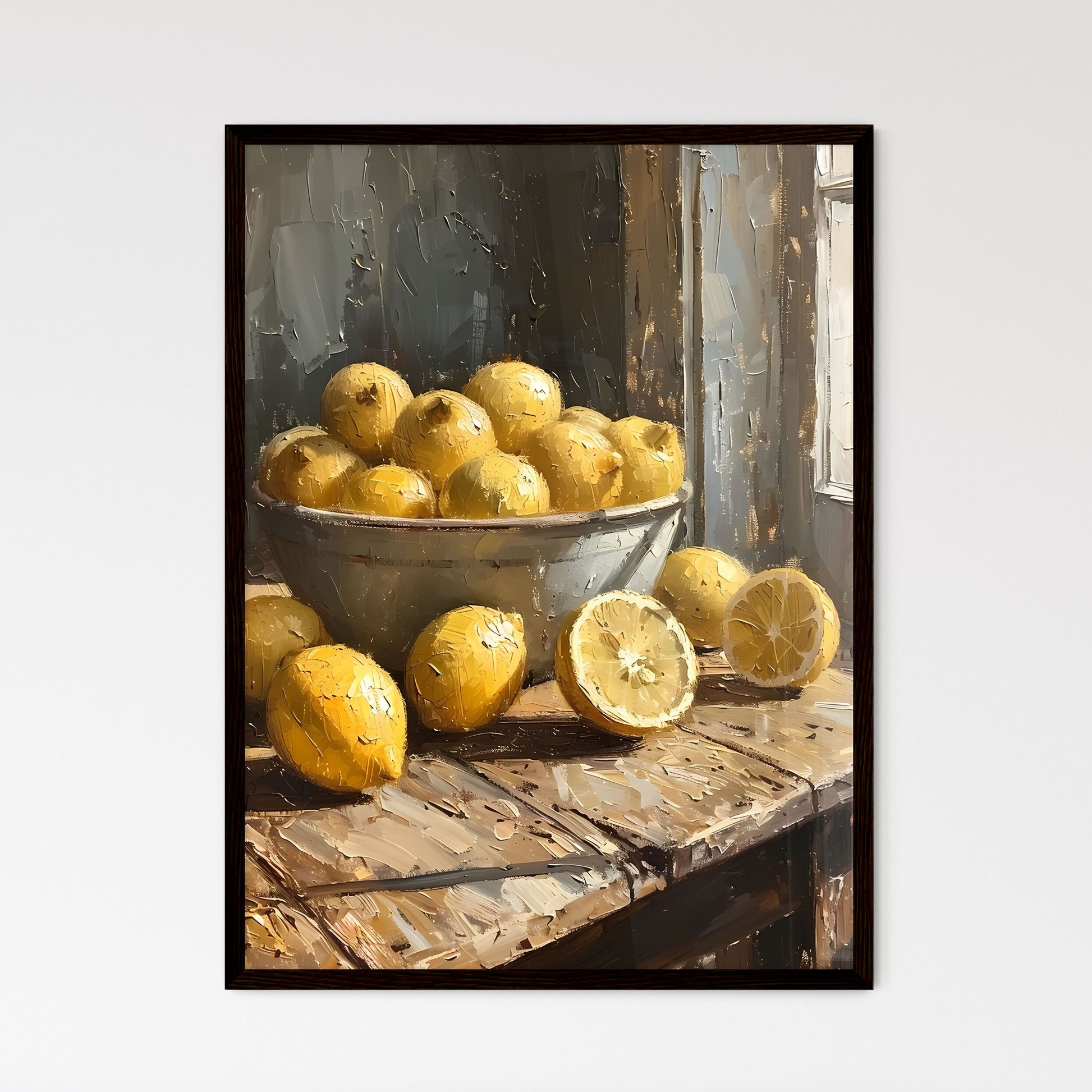 Oil Painting Still Life: Vibrant Lemons on Oak Table, Moody Vintage Artwork Default Title