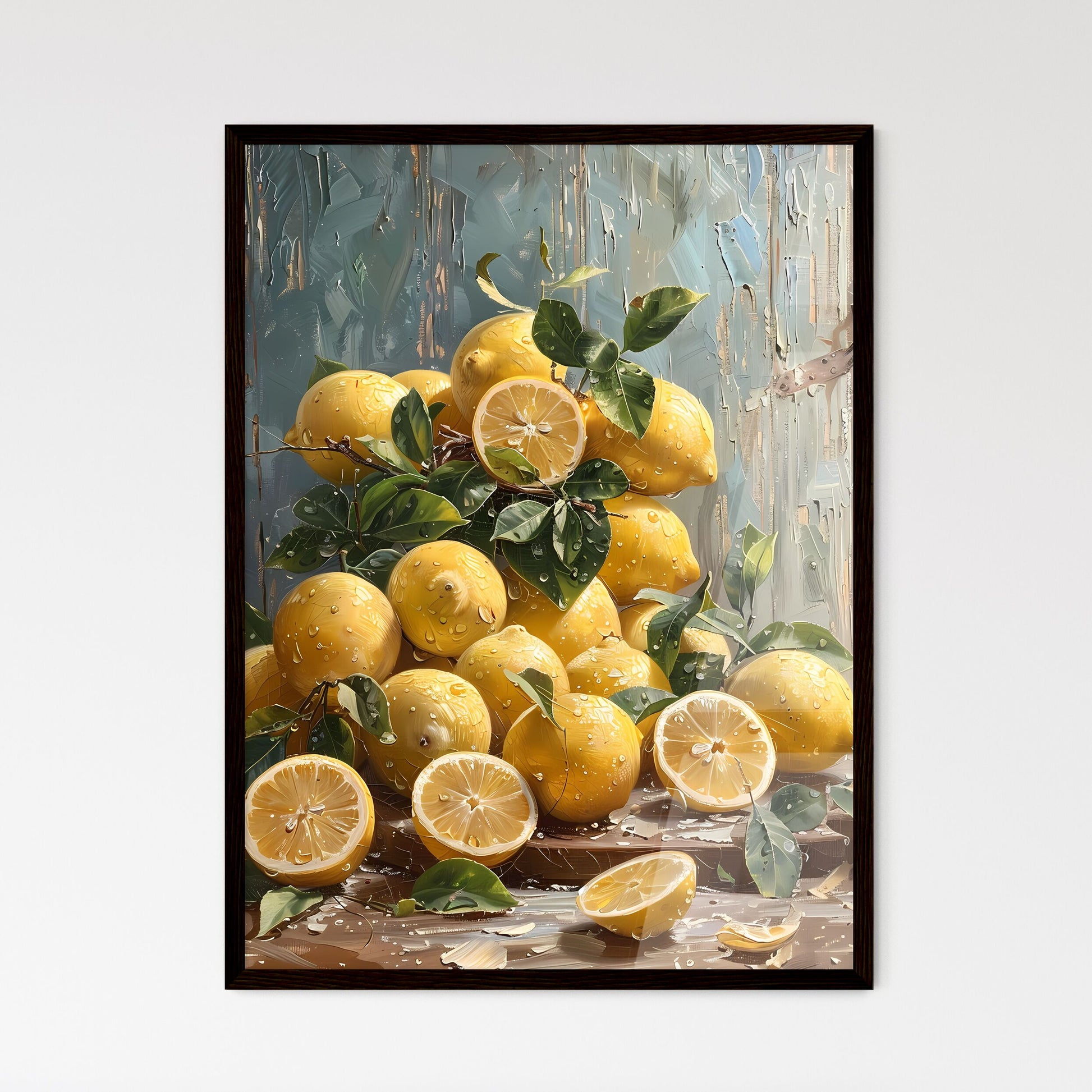 Vintage Oil Painting: Moody Still Life of Lemons on Oak Wood Table with Leaves Default Title