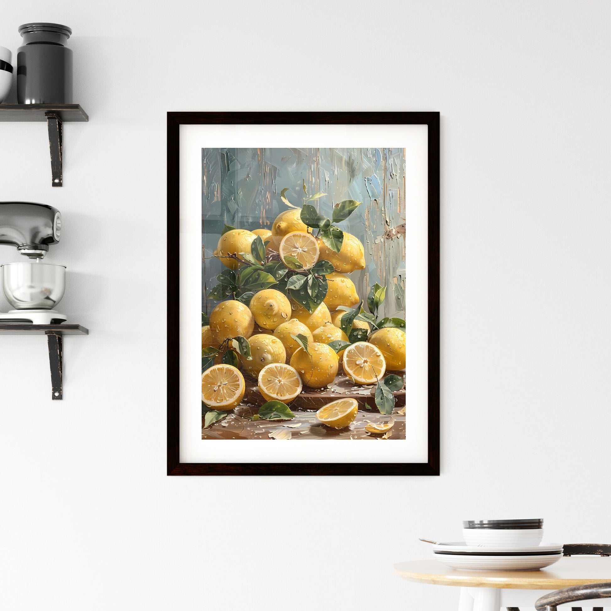 Vintage Oil Painting: Moody Still Life of Lemons on Oak Wood Table with Leaves Default Title