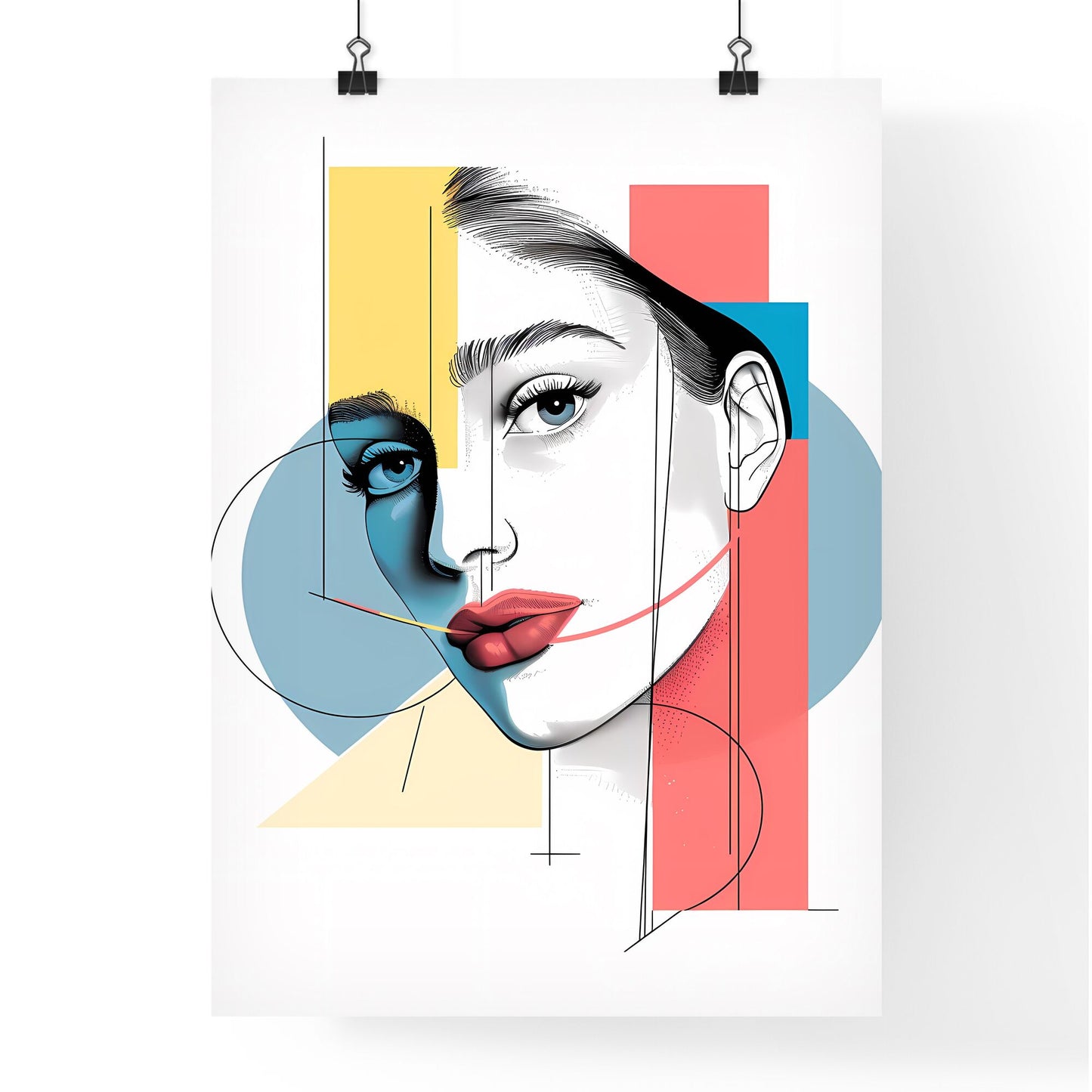 Fluid Geometry: Vibrant Face Painting on Danish Pastels, Collaged Elements & Puzzle-Like Neoclassical Background - Artistic Poster Default Title