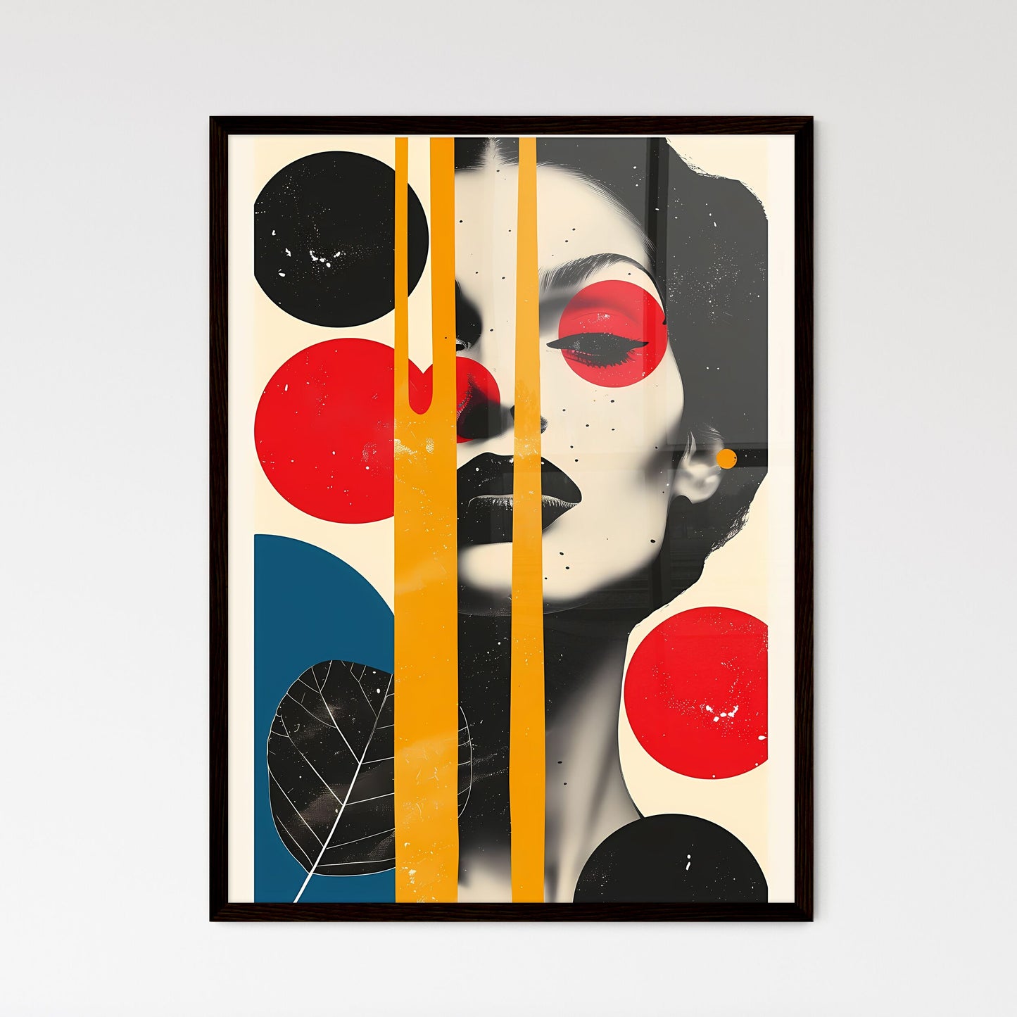 A womans face with red yellow and blue circl - Framed Art Print