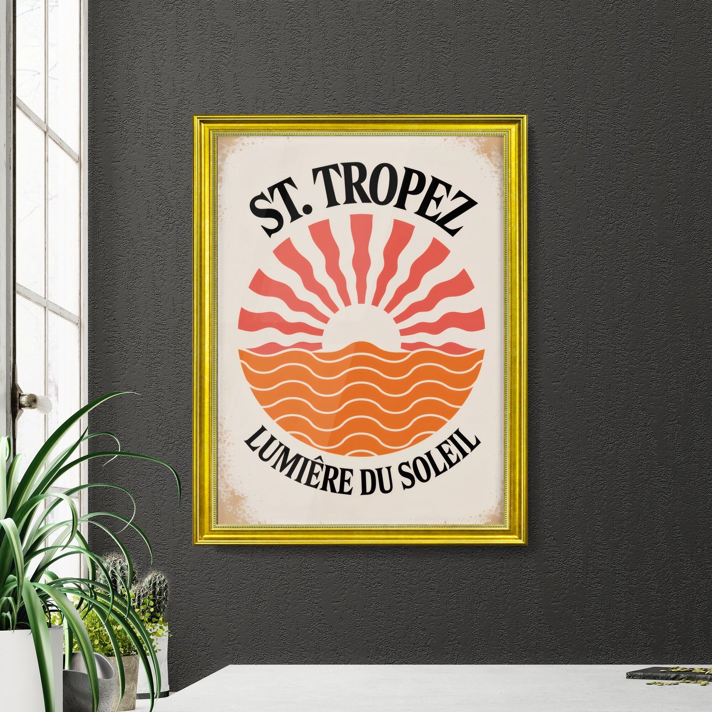 Vintage St. Tropez Logo with Vibrant Sun and Waves - Retro Coastal Aesthetic.