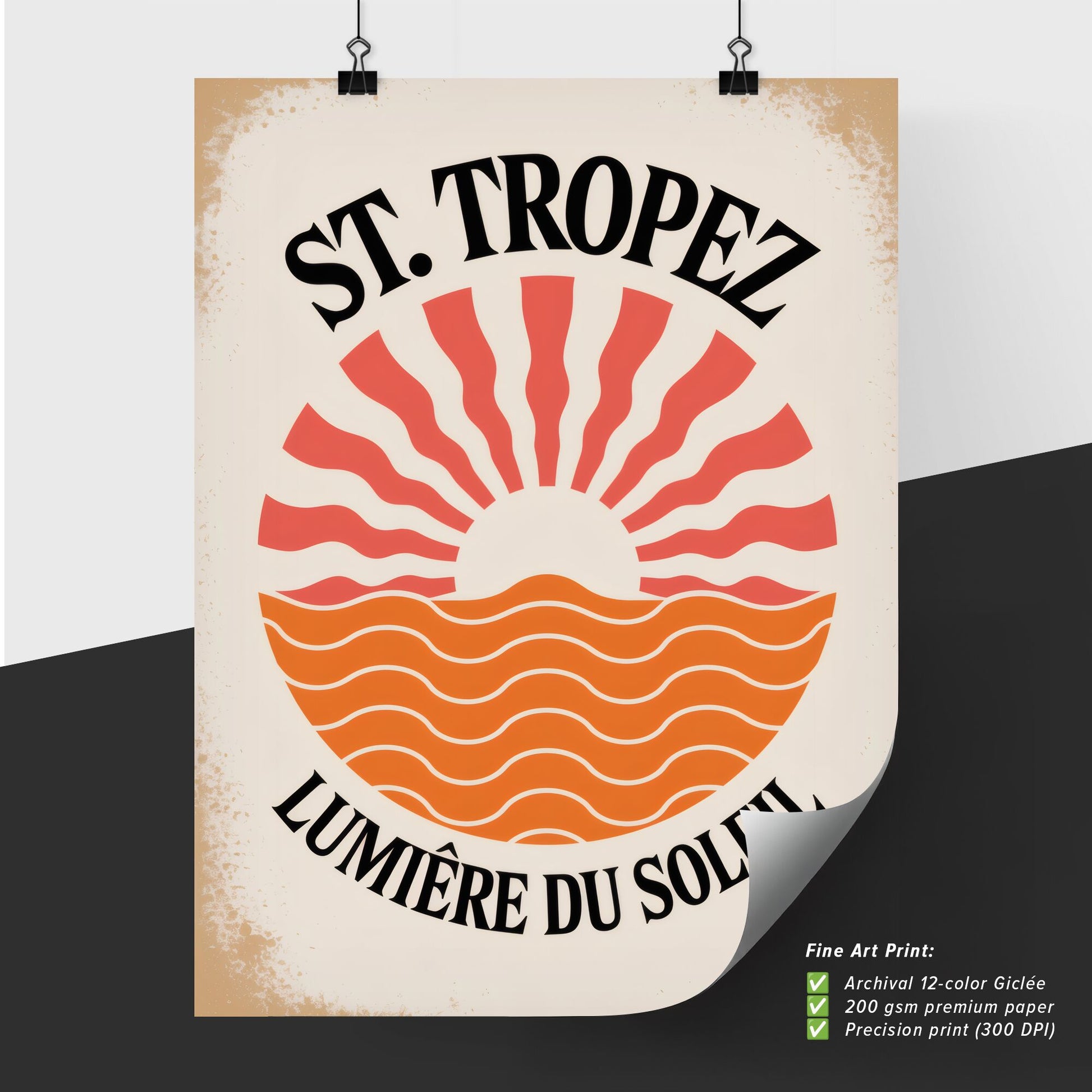 Vintage St. Tropez Logo with Vibrant Sun and Waves - Retro Coastal Aesthetic.