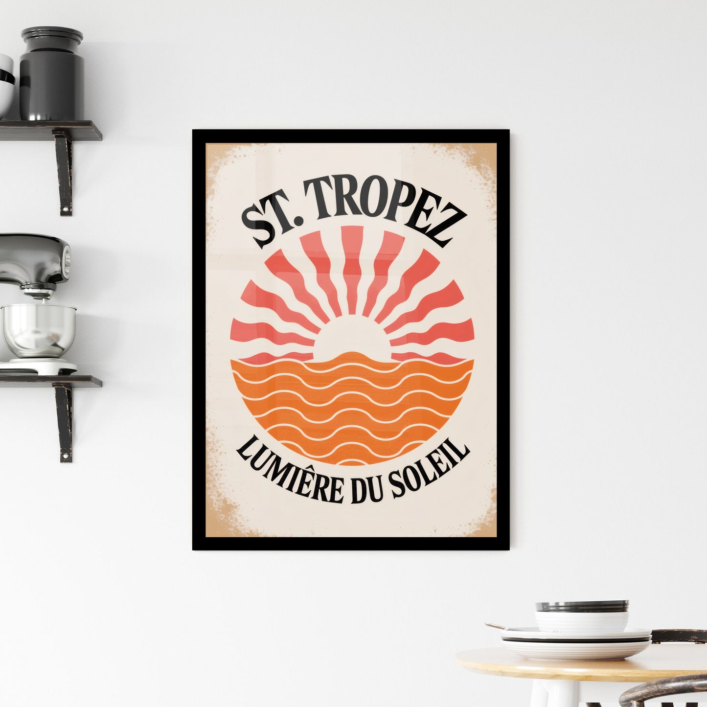 Vintage St. Tropez Logo with Vibrant Sun and Waves - Retro Coastal Aesthetic. Framed Print
