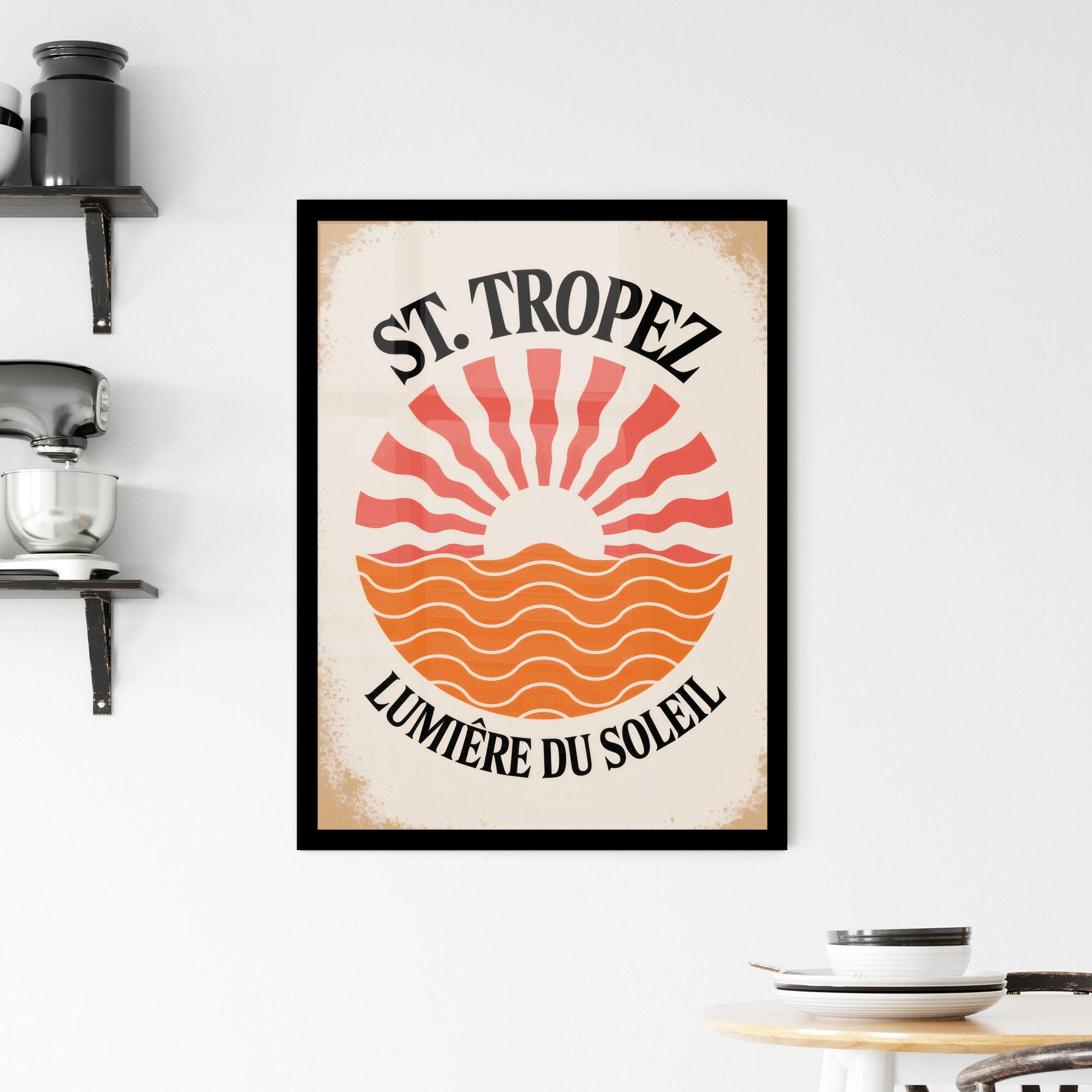 Vintage St. Tropez Logo with Vibrant Sun and Waves - Retro Coastal Aesthetic. Framed Print