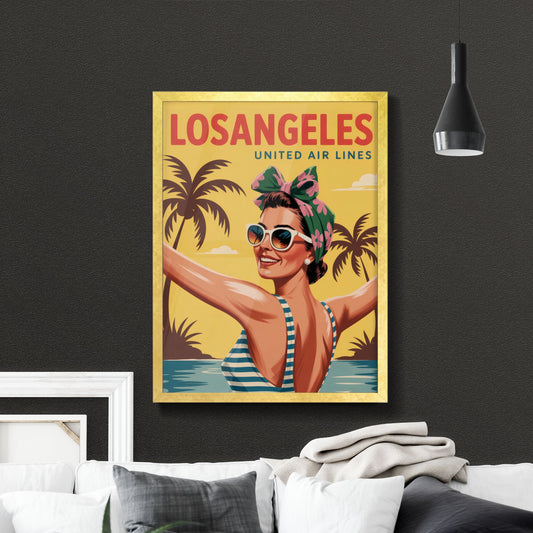 Vintage Summer Vibes in Los Angeles: A Joyful Woman Embracing Sunshine and Adventure with United Airlines.