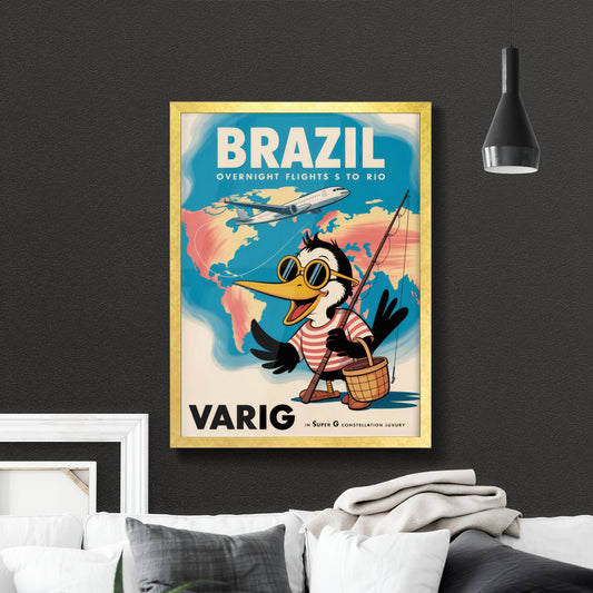 Vintage Travel Poster: Experience Brazil with Varig's Overnight Flights to Rio, Featuring a Cheerful Cartoon Penguin.