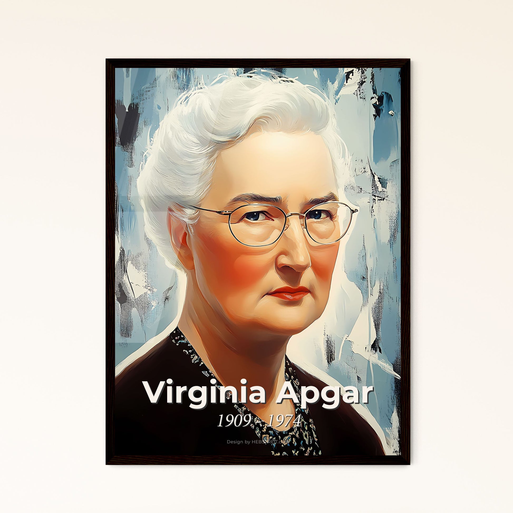 Portrait of Virginia Apgar, 1909 - 1974. Impressionistic painting of a woman with white hair wearing glasses.