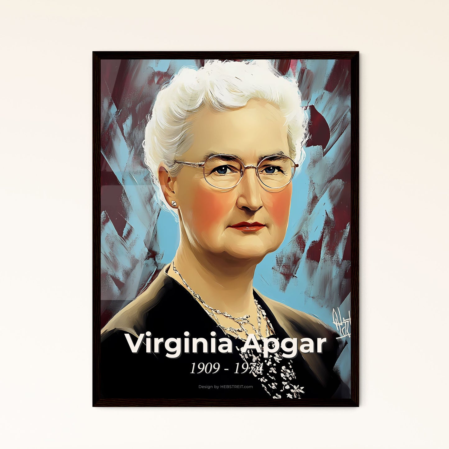 Portrait of Virginia Apgar, 1909 - 1974. Impressionistic painting of a woman with white hair wearing glasses.