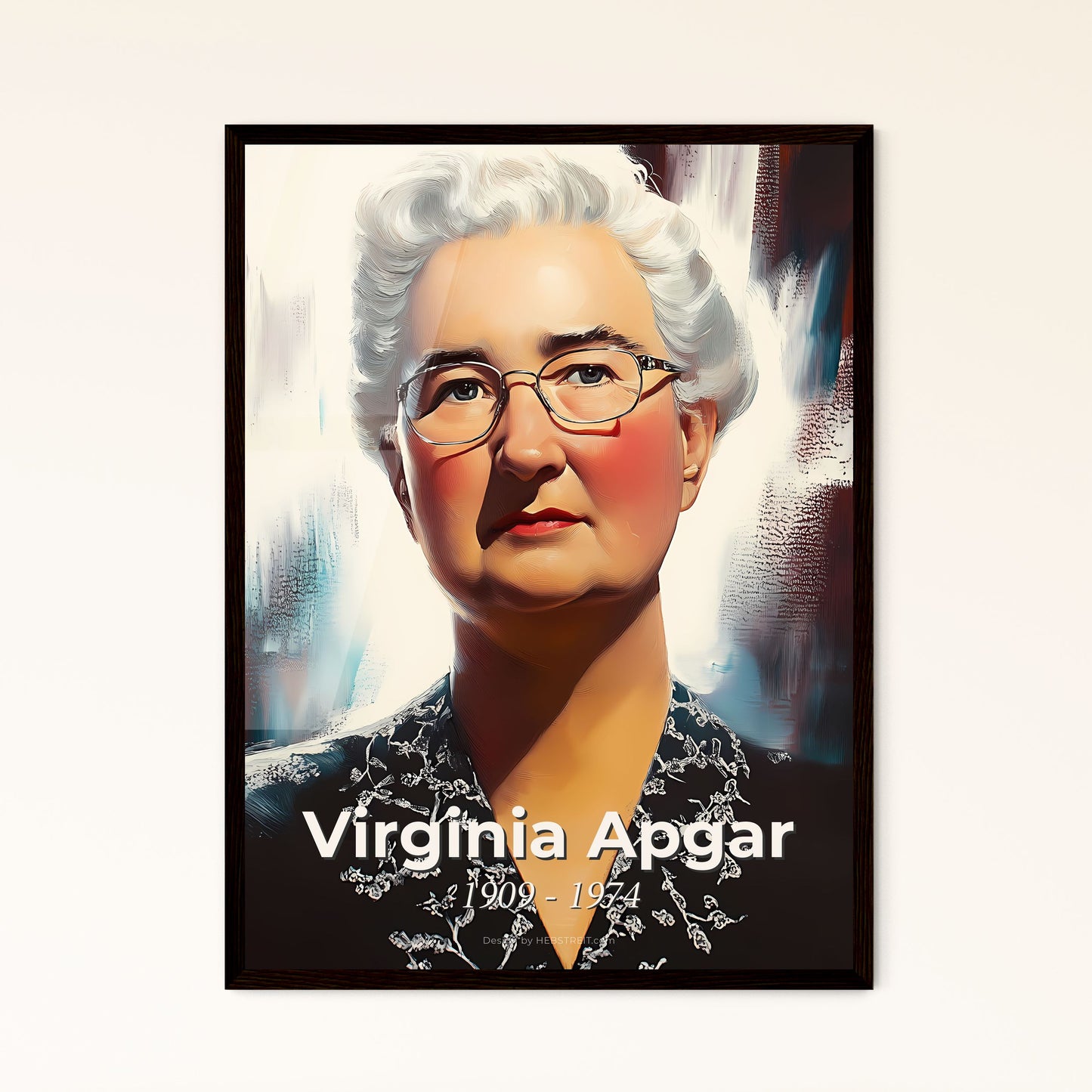 Portrait of Virginia Apgar, 1909 - 1974. Impressionistic painting of a woman with glasses and a black shirt.