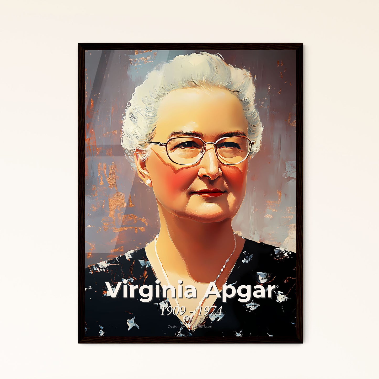 Portrait of Virginia Apgar, 1909 - 1974. Impressionistic painting of a painting of a woman wearing glasses.