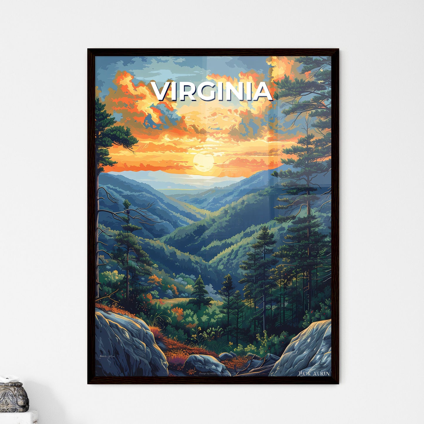 Vibrant Art Print of a Scenic Virginia Landscape Depicting Mountains, Trees, and Rocks