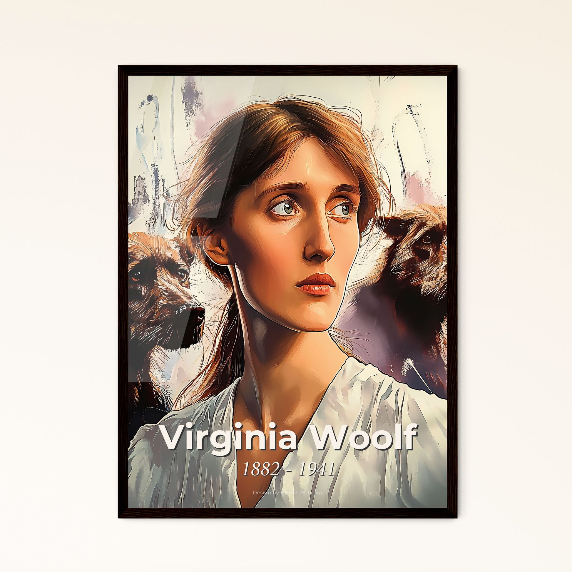 Portrait of Virginia Woolf, 1882 - 1941. Impressionistic painting of a woman looking up with two dogs in the background.