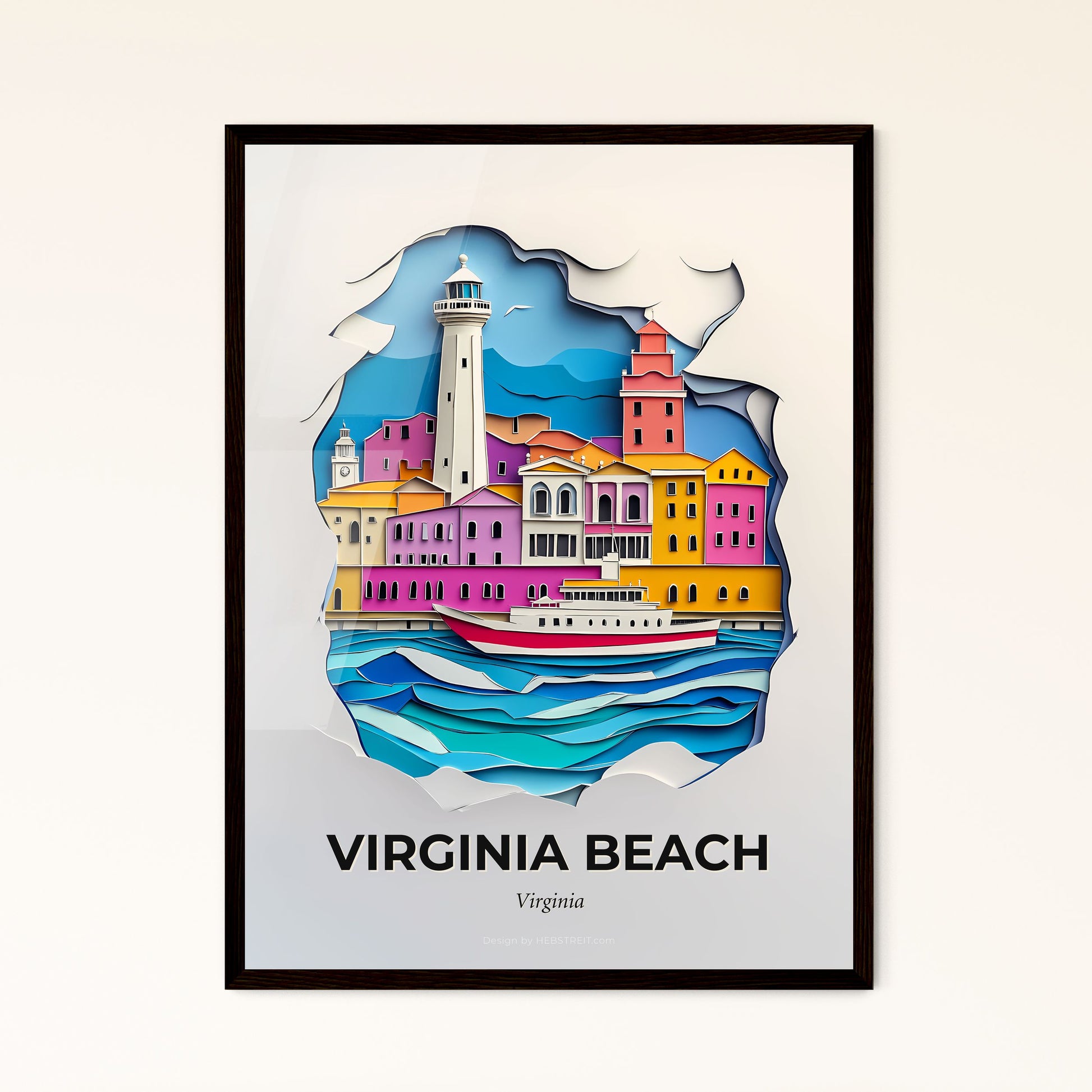 Vivid Virginia Beach, Virginia - a paper cut of a lighthouse and a city