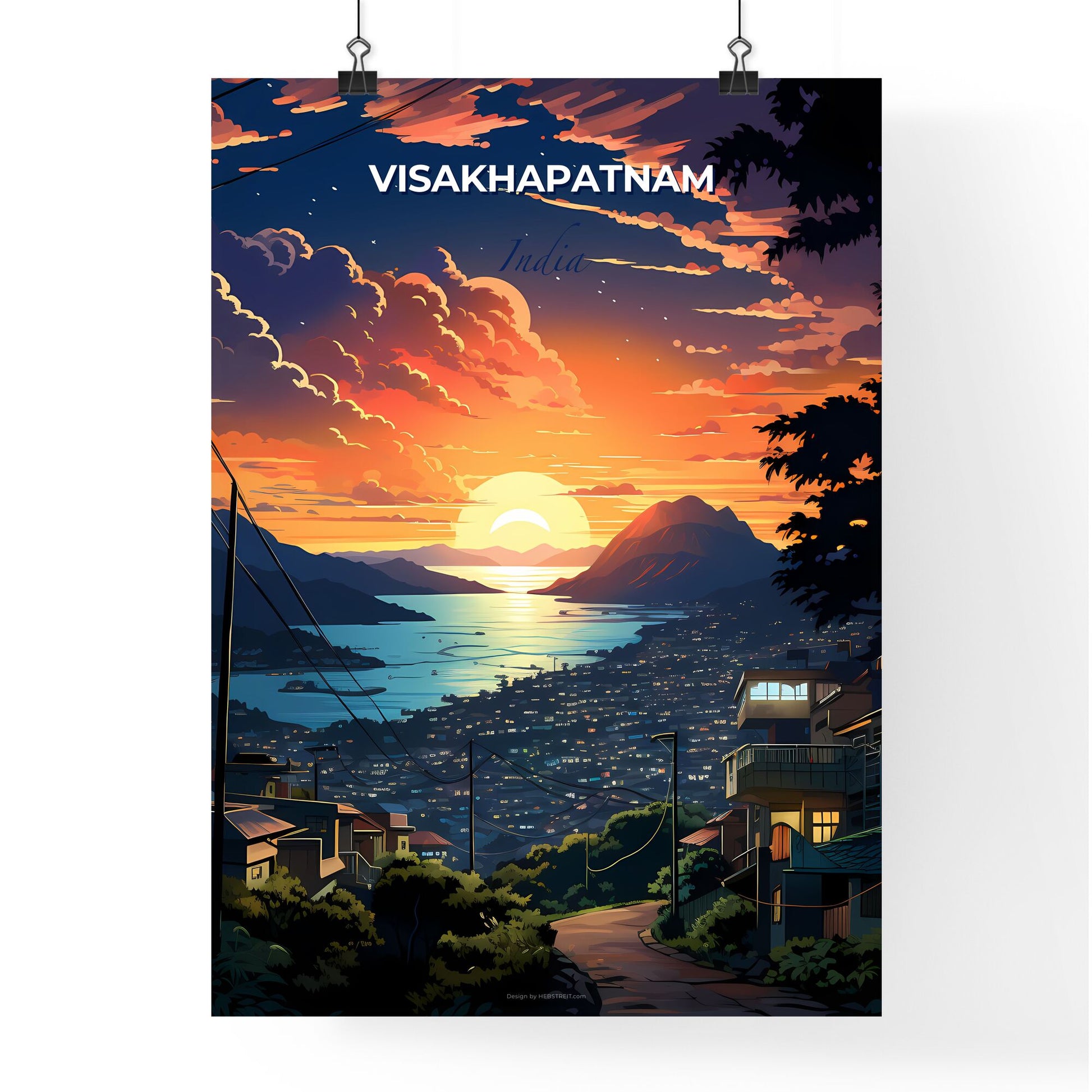 Indian Artwork - Vibrant City Skyline of Visakhapatnam with Sunset Hues Default Title