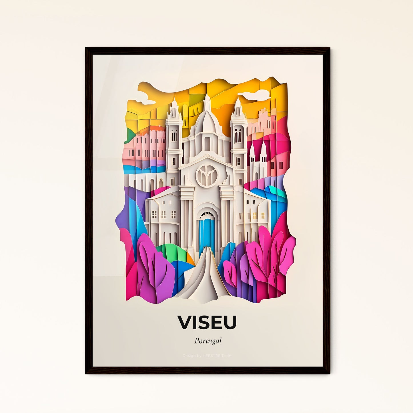 Vivid Viseu, Portugal - a paper cut of a church with a rainbow sky