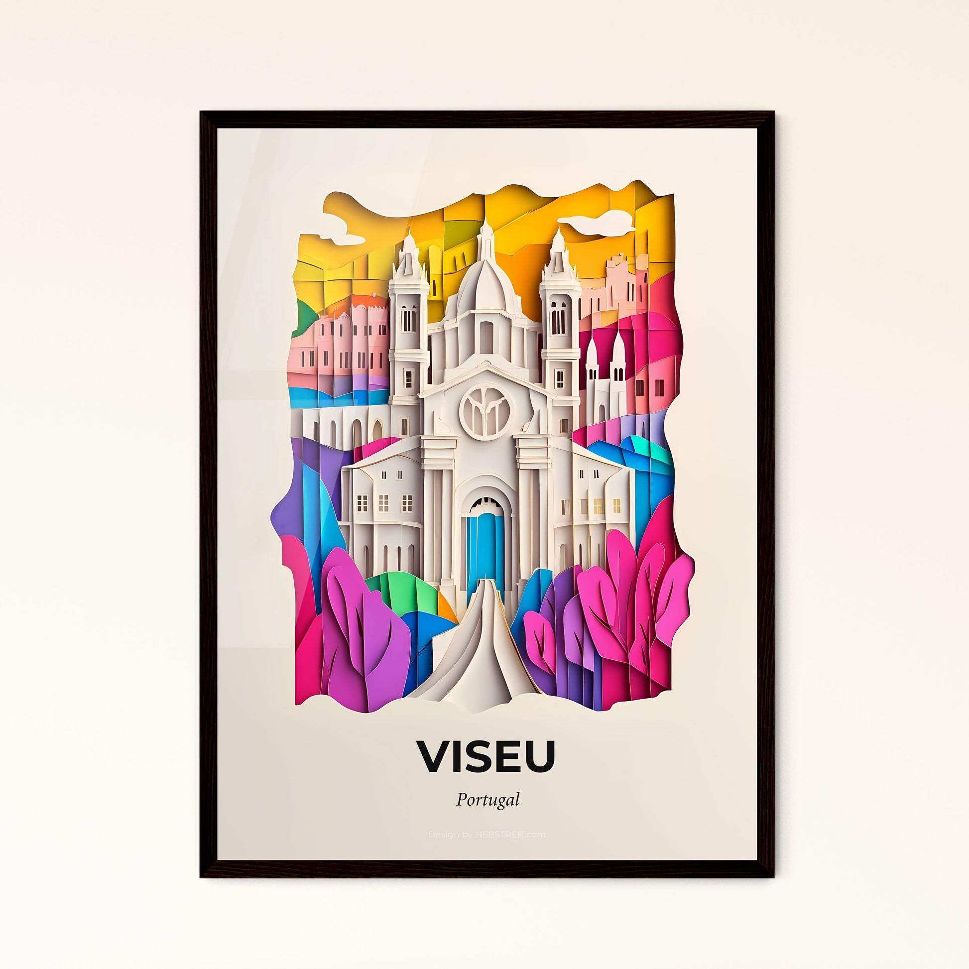 Vivid Viseu, Portugal - a paper cut of a church with a rainbow sky