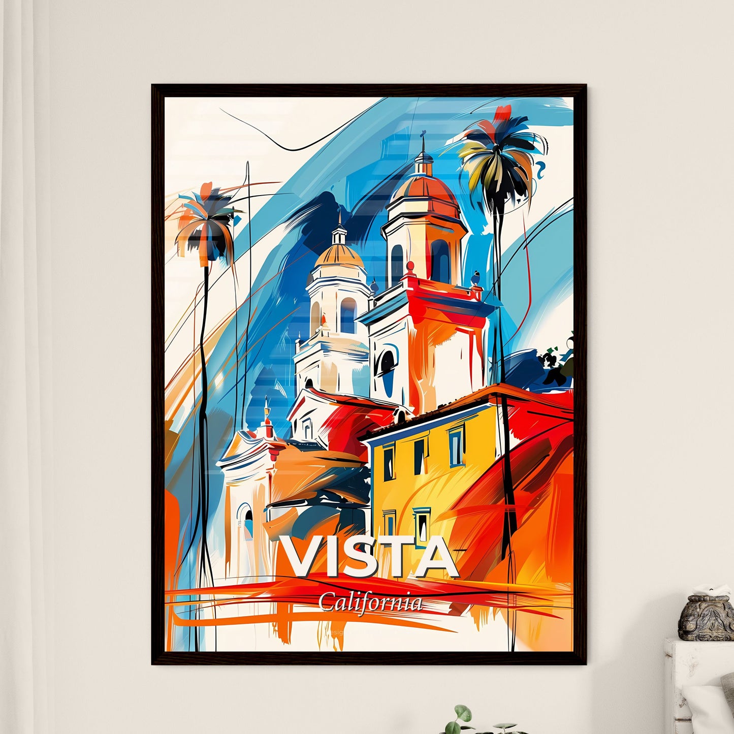 Vibrant Vista, California - A Painting Of A Skyline With A Colorful Building