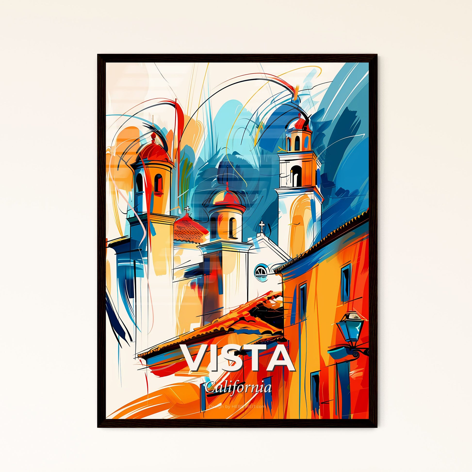 Vibrant Vista, California - A Painting Of A Skyline With A Colorful Building