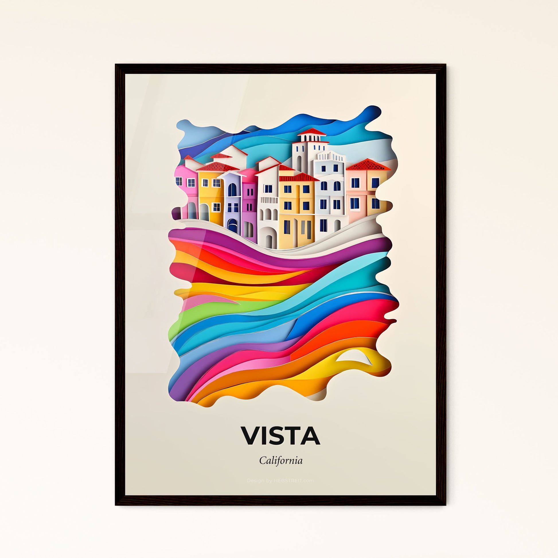 Vivid Vista, California - a colorful city with a rainbow wave coming out of it