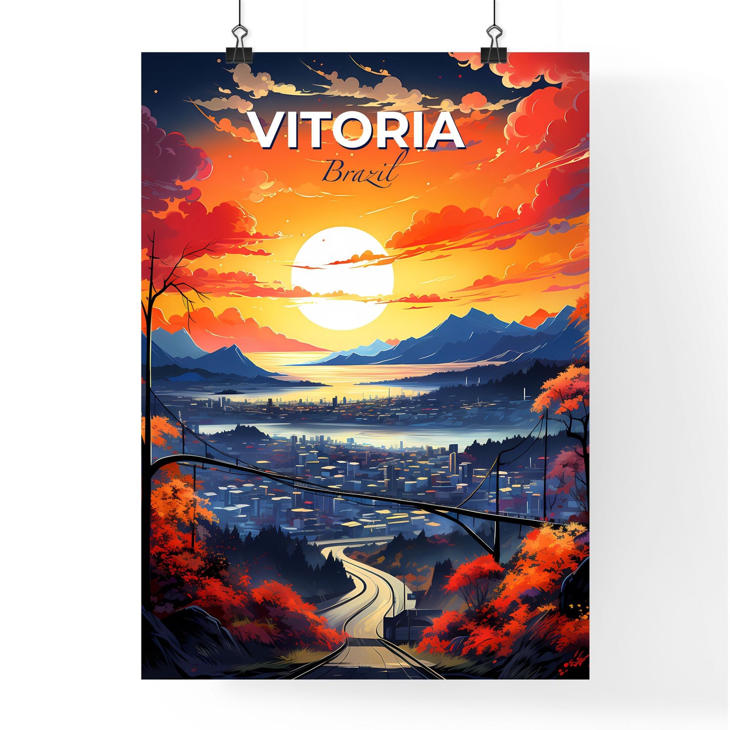 Vibrant Artistic Skyline of Vitoria Brazil with Bridge and City Art Default Title