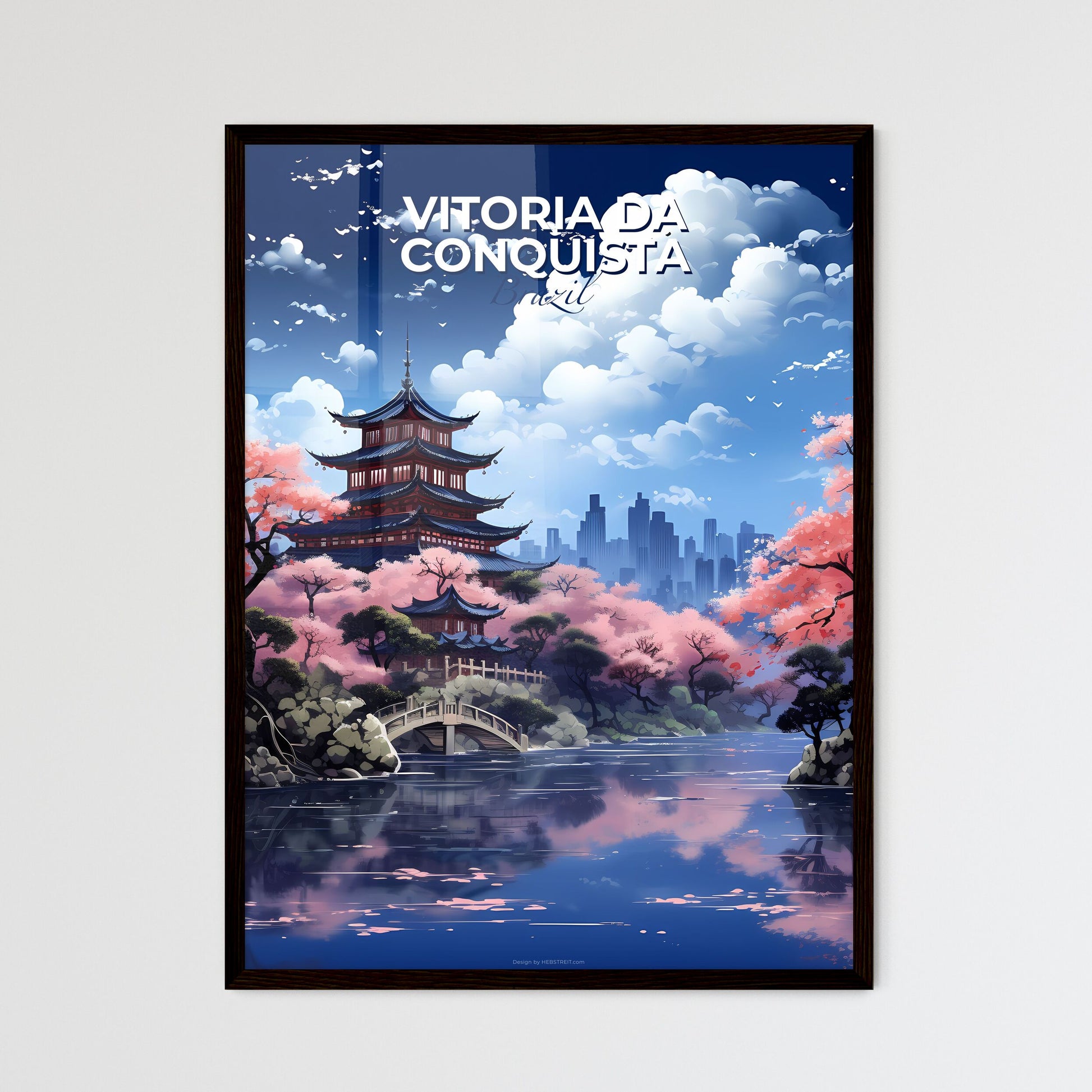 Vibrant Painting Depicting Vitoria da Conquista Skyline with Pagoda and Bridge amidst Pink Trees Default Title