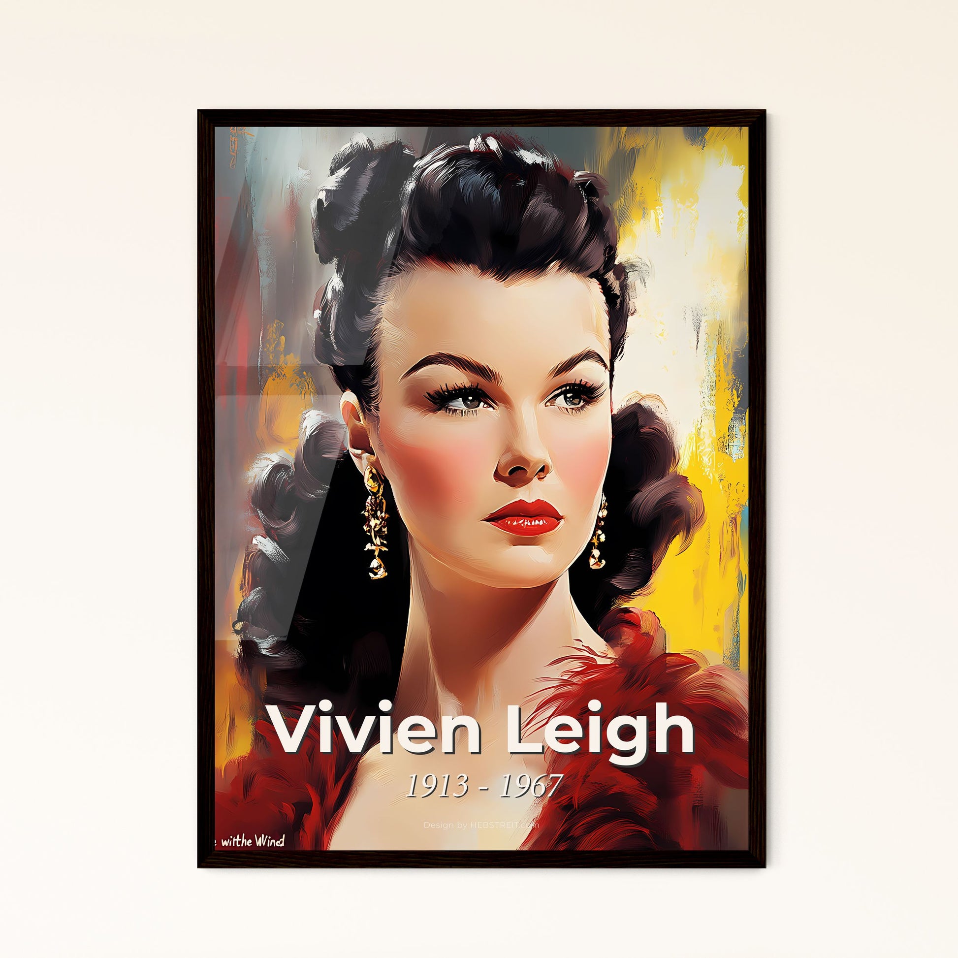 Portrait of Vivien Leigh, 1913 - 1967. Impressionistic painting of a woman with a red feathered boa.