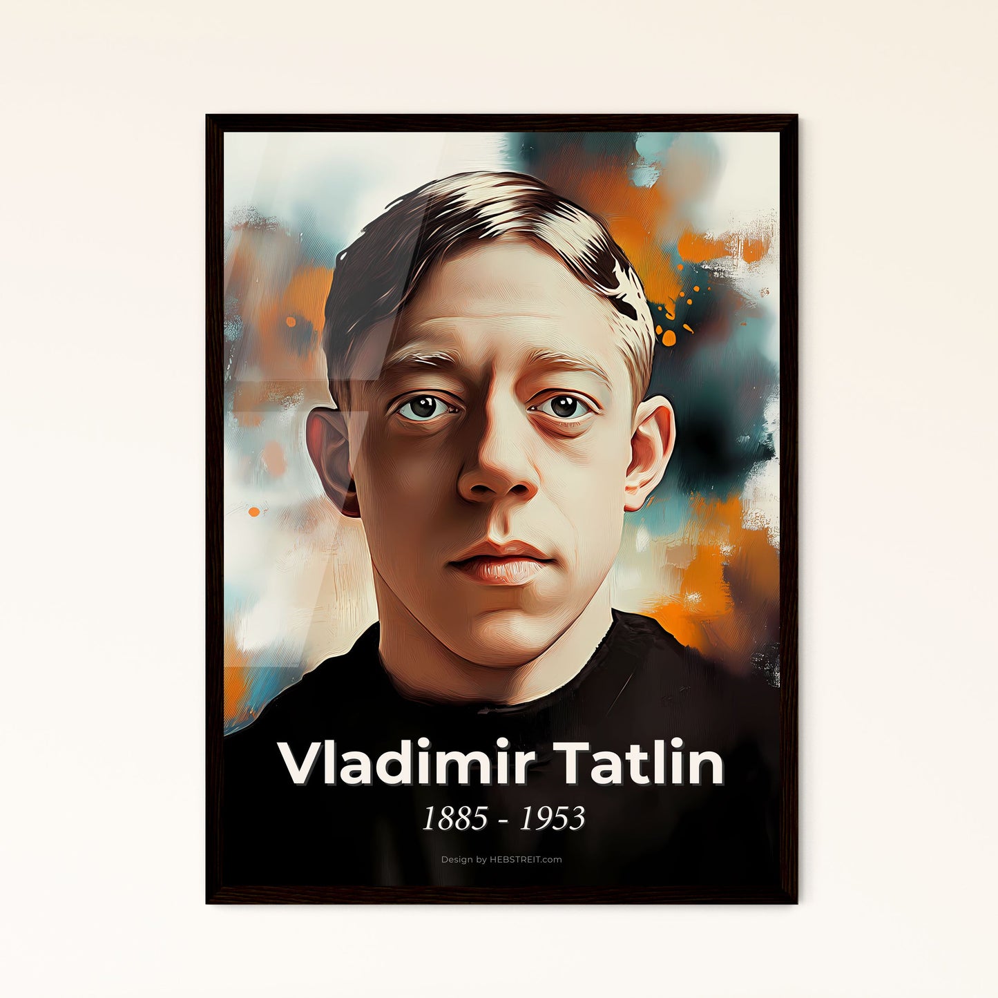 Portrait of Vladimir Tatlin, 1885 - 1953. Impressionistic painting of a man in a black shirt.