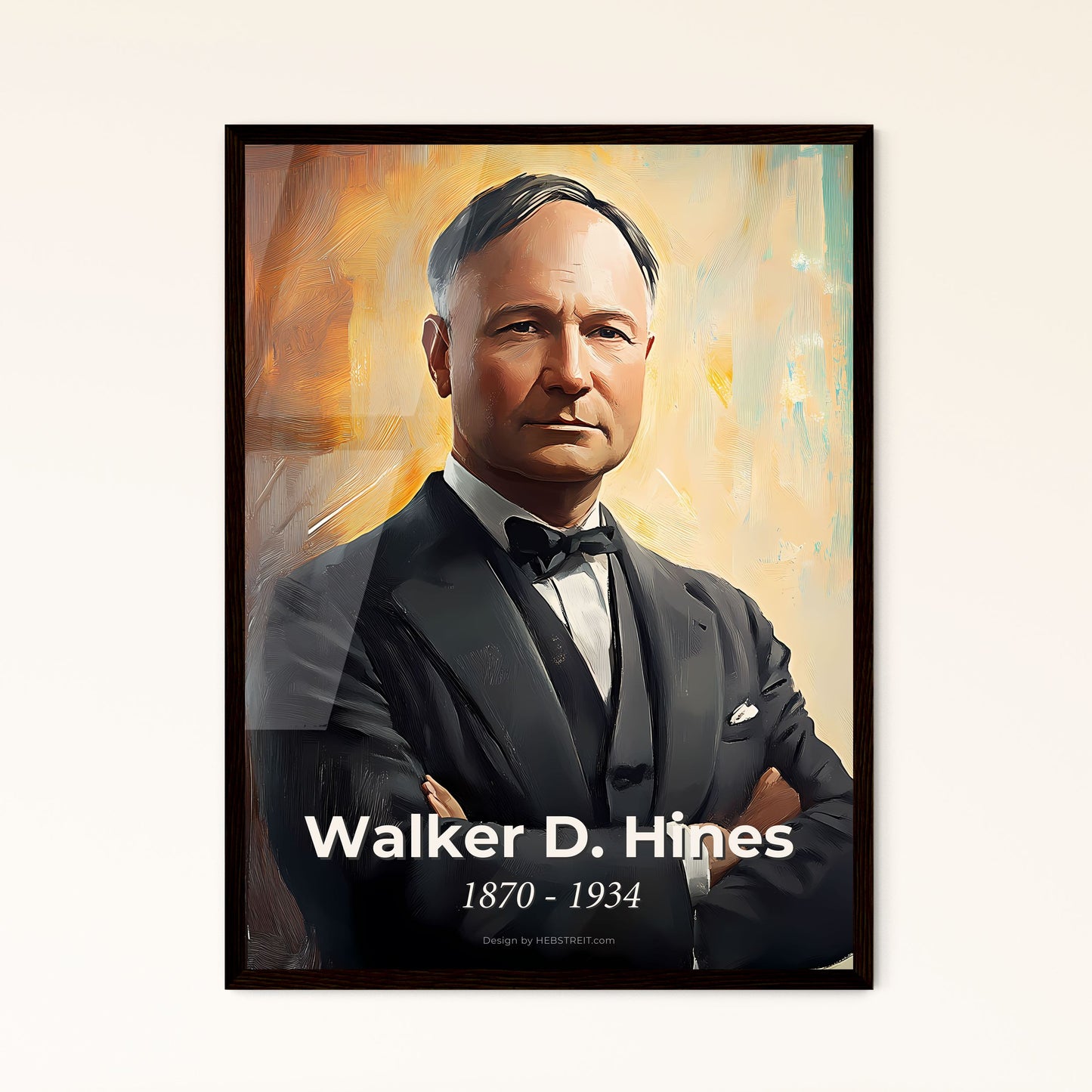 Portrait of Walker D. Hines, 1870 - 1934. Impressionistic painting of a man in a suit with his arms crossed.