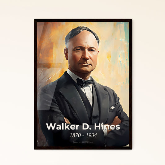 Portrait of Walker D. Hines, 1870 - 1934. Impressionistic painting of a man in a suit with his arms crossed.