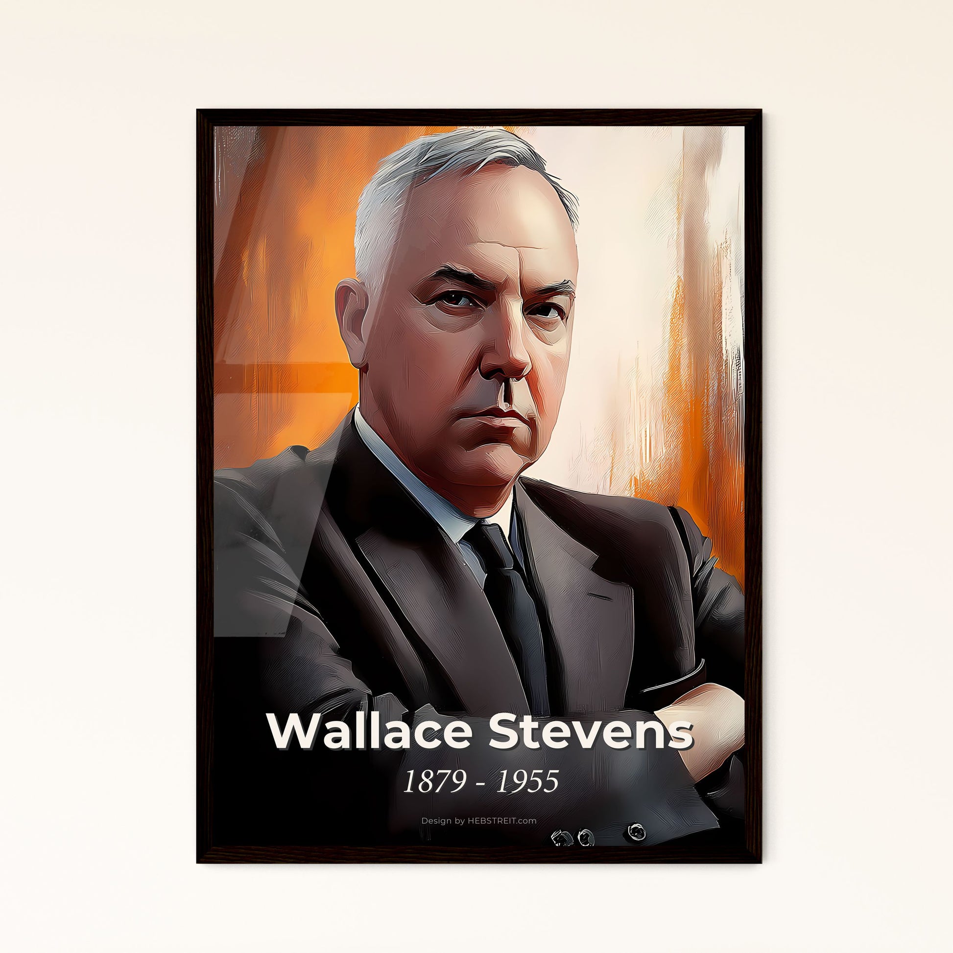 Portrait of Wallace Stevens, 1879 - 1955. Impressionistic painting of a man in a suit with his arms crossed.