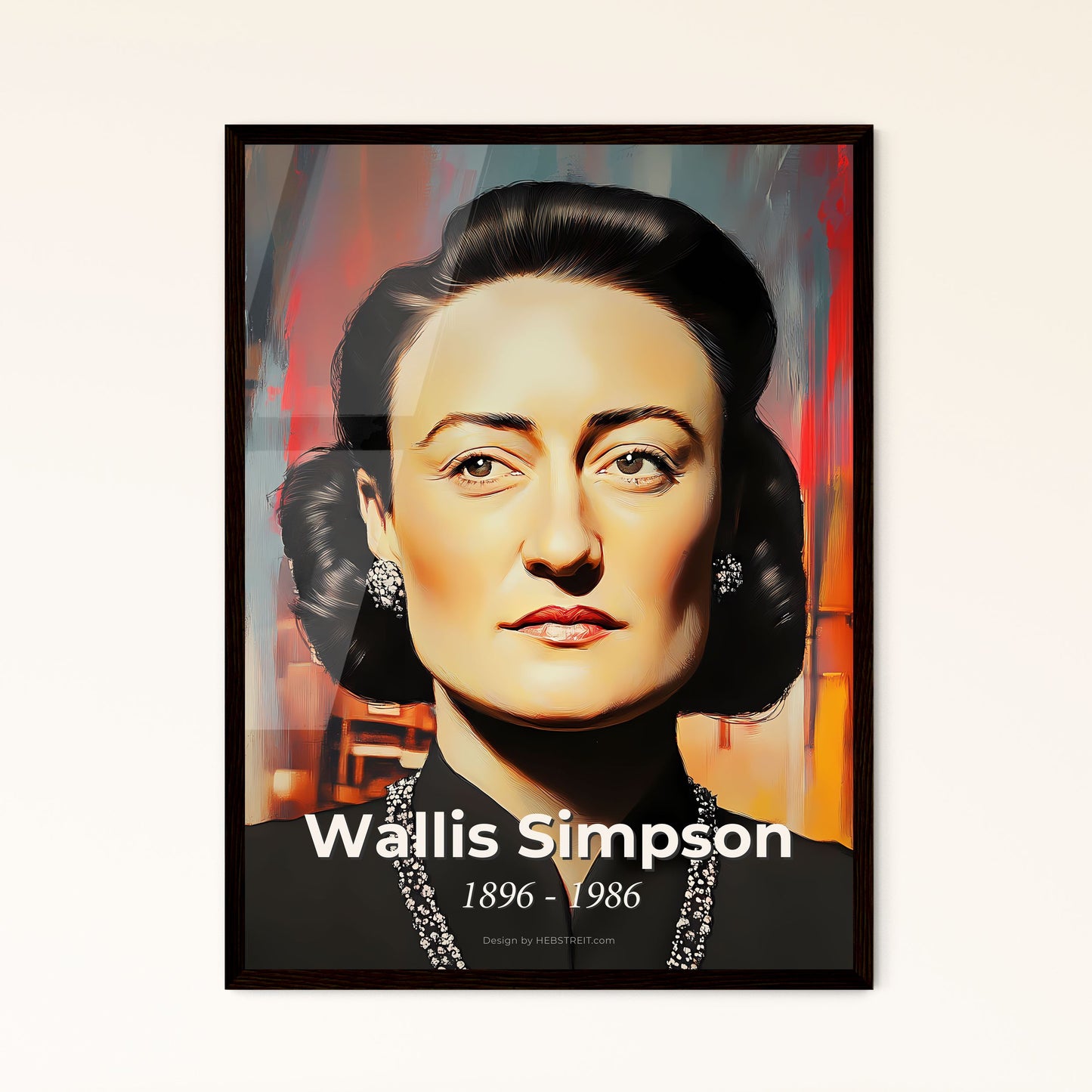 Portrait of Wallis Simpson, 1896 - 1986. Impressionistic painting of a woman with a necklace and a black jacket.