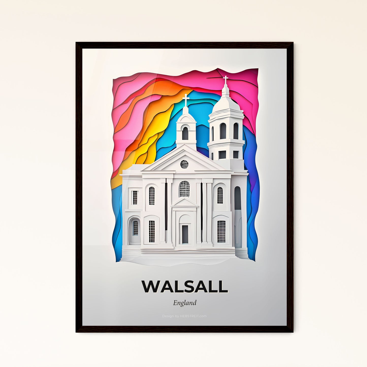 Vivid Walsall, England - a paper cut of a church with a rainbow background