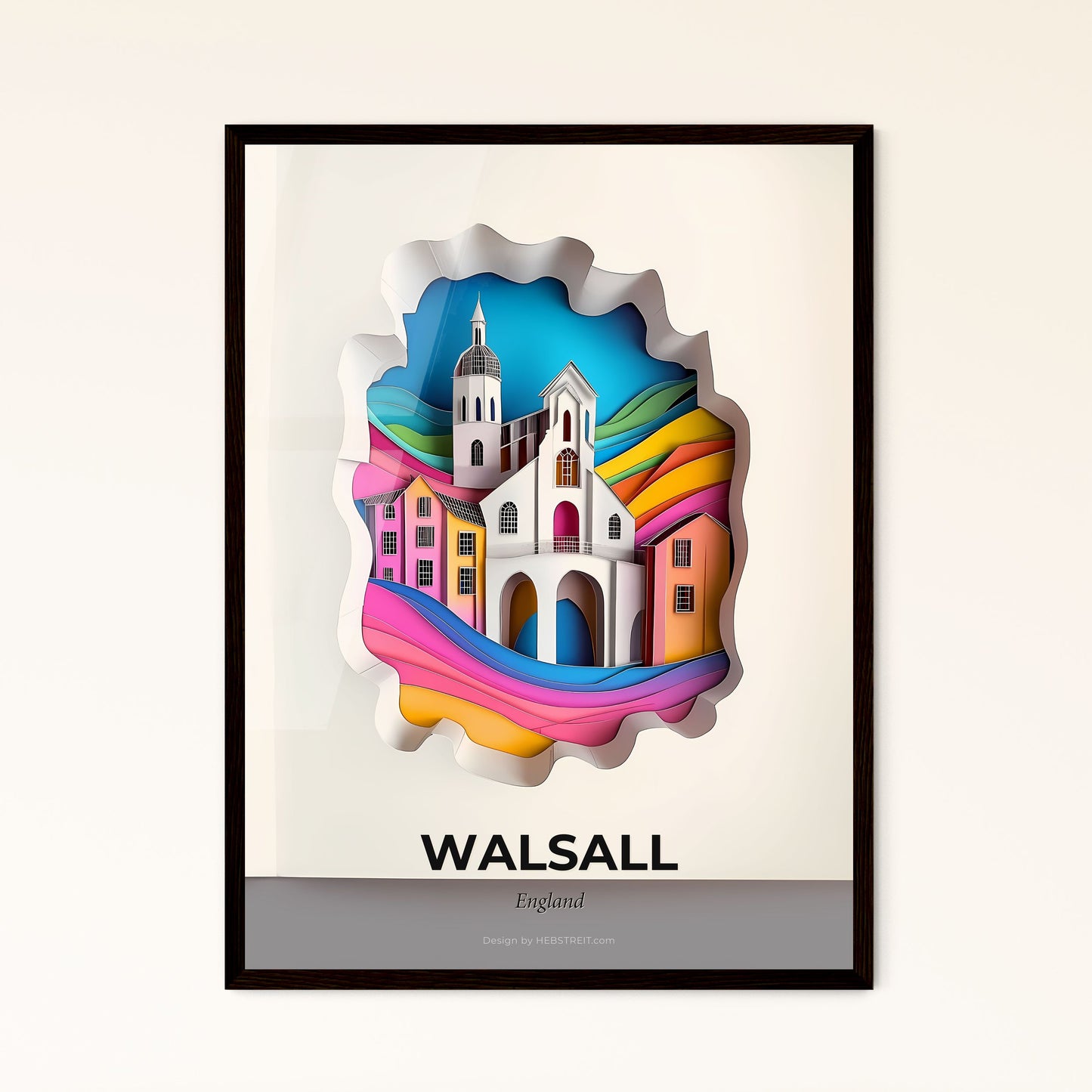 Vivid Walsall, England - a paper cut of a church and a rainbow colored hill