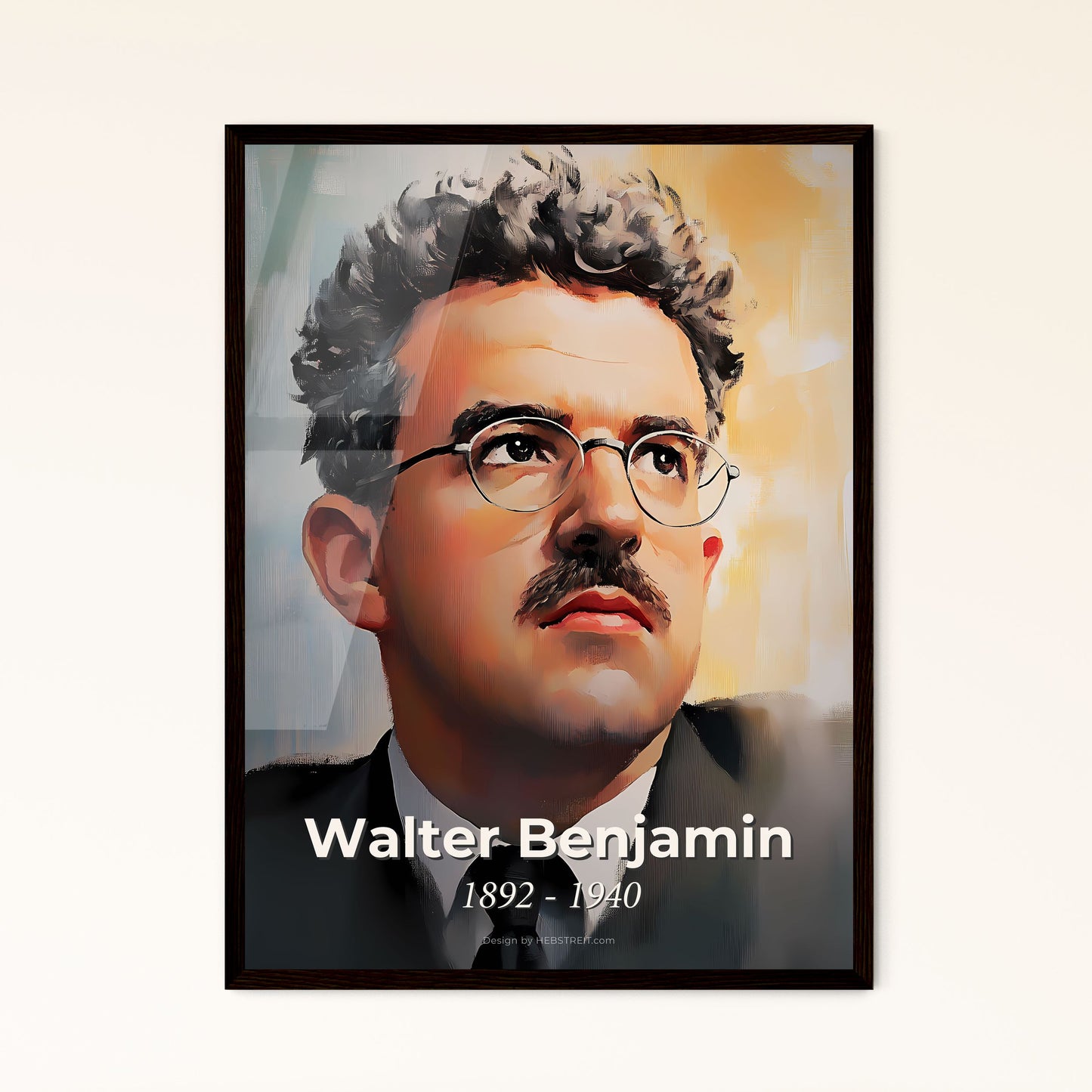 Portrait of Walter Benjamin, 1892 - 1940. Impressionistic painting of a man with curly hair wearing glasses and a suit.