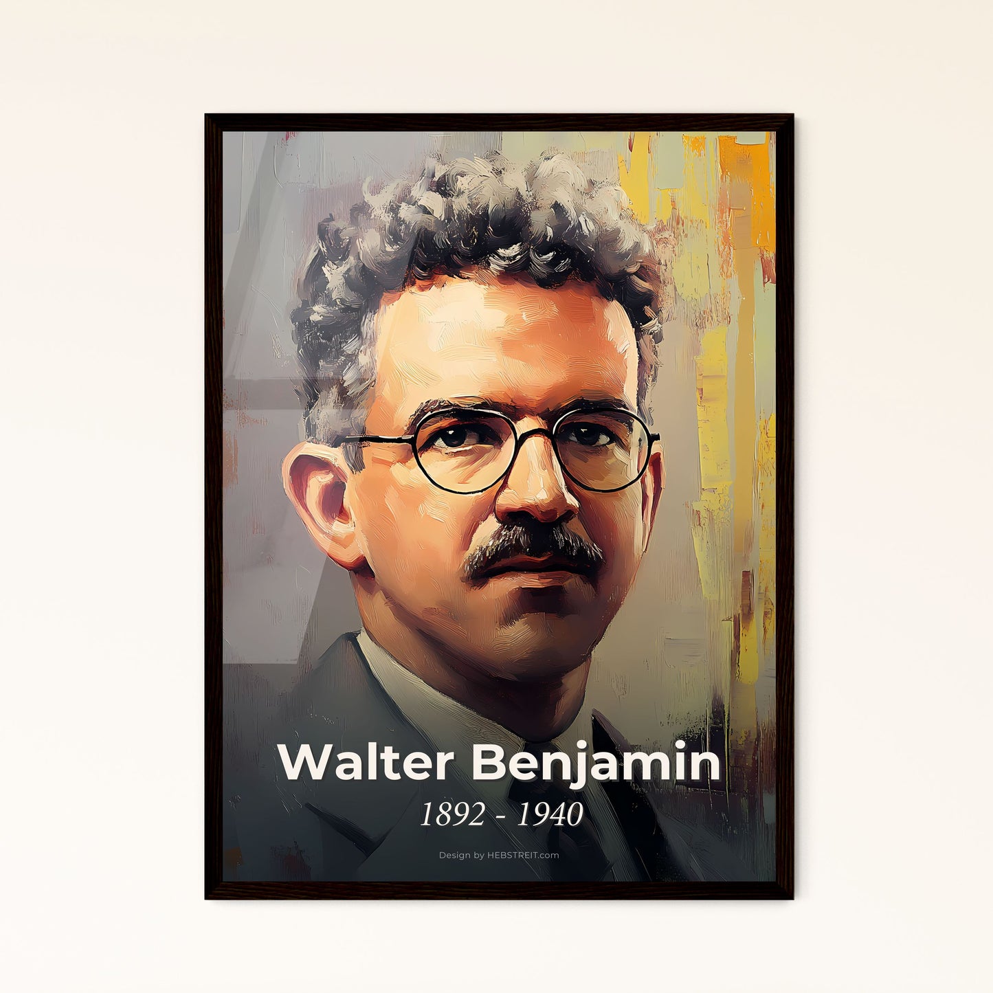 Portrait of Walter Benjamin, 1892 - 1940. Impressionistic painting of a man with curly hair wearing glasses.