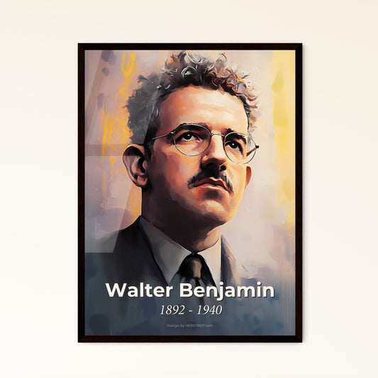 Portrait of Walter Benjamin, 1892 - 1940. Impressionistic painting of a man with a mustache wearing glasses.