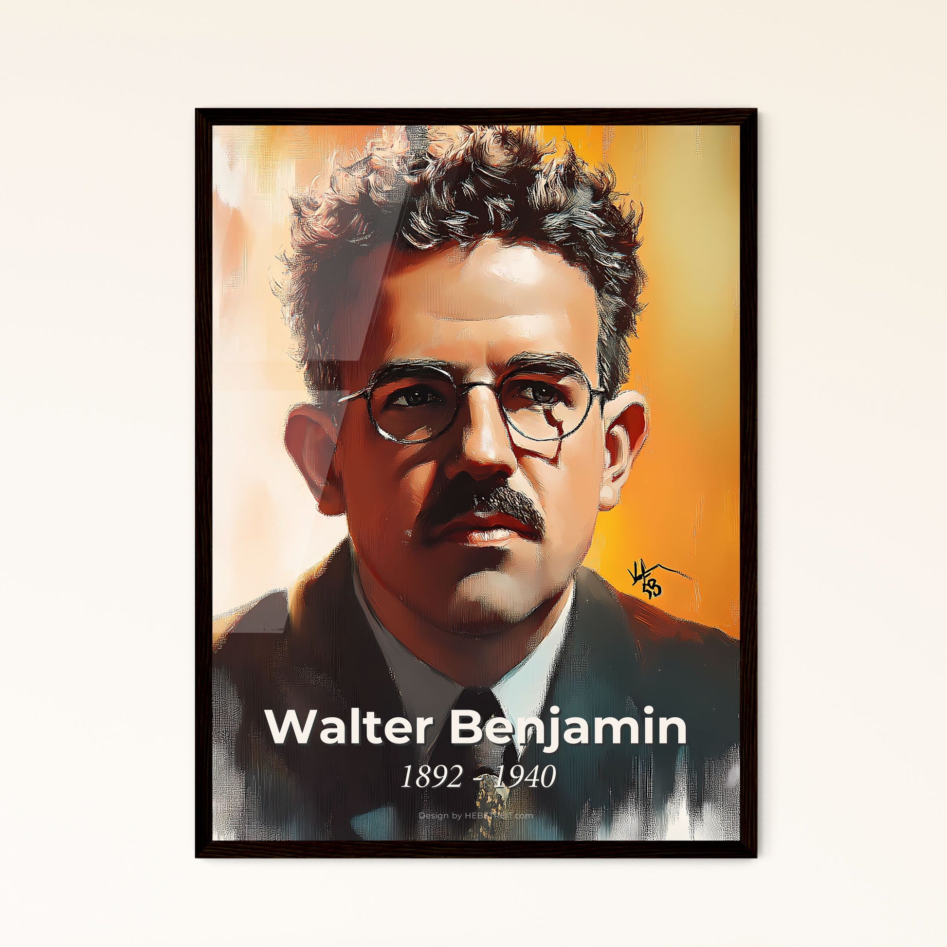 Portrait of Walter Benjamin, 1892 - 1940. Impressionistic painting of a man with a mustache wearing glasses.