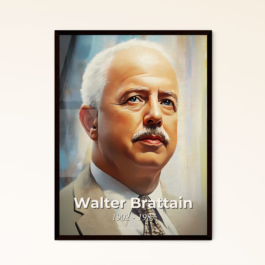 Portrait of Walter Brattain, 1902 - 1987. Impressionistic painting of a man with a mustache wearing a suit and tie.