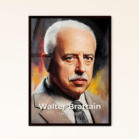 Portrait of Walter Brattain, 1902 - 1987. Impressionistic painting of a man with a mustache wearing a suit and tie.