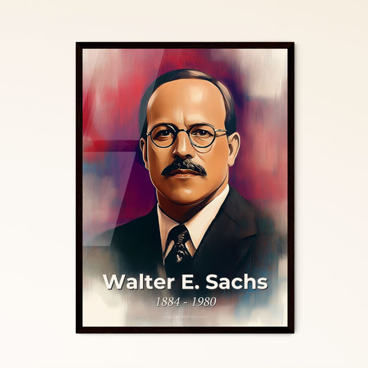 Portrait of Walter E. Sachs, 1884 - 1980. Impressionistic painting of a man with a mustache wearing glasses.