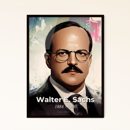 Portrait of Walter E. Sachs, 1884 - 1980. Impressionistic painting of a man with a mustache wearing glasses and a suit.