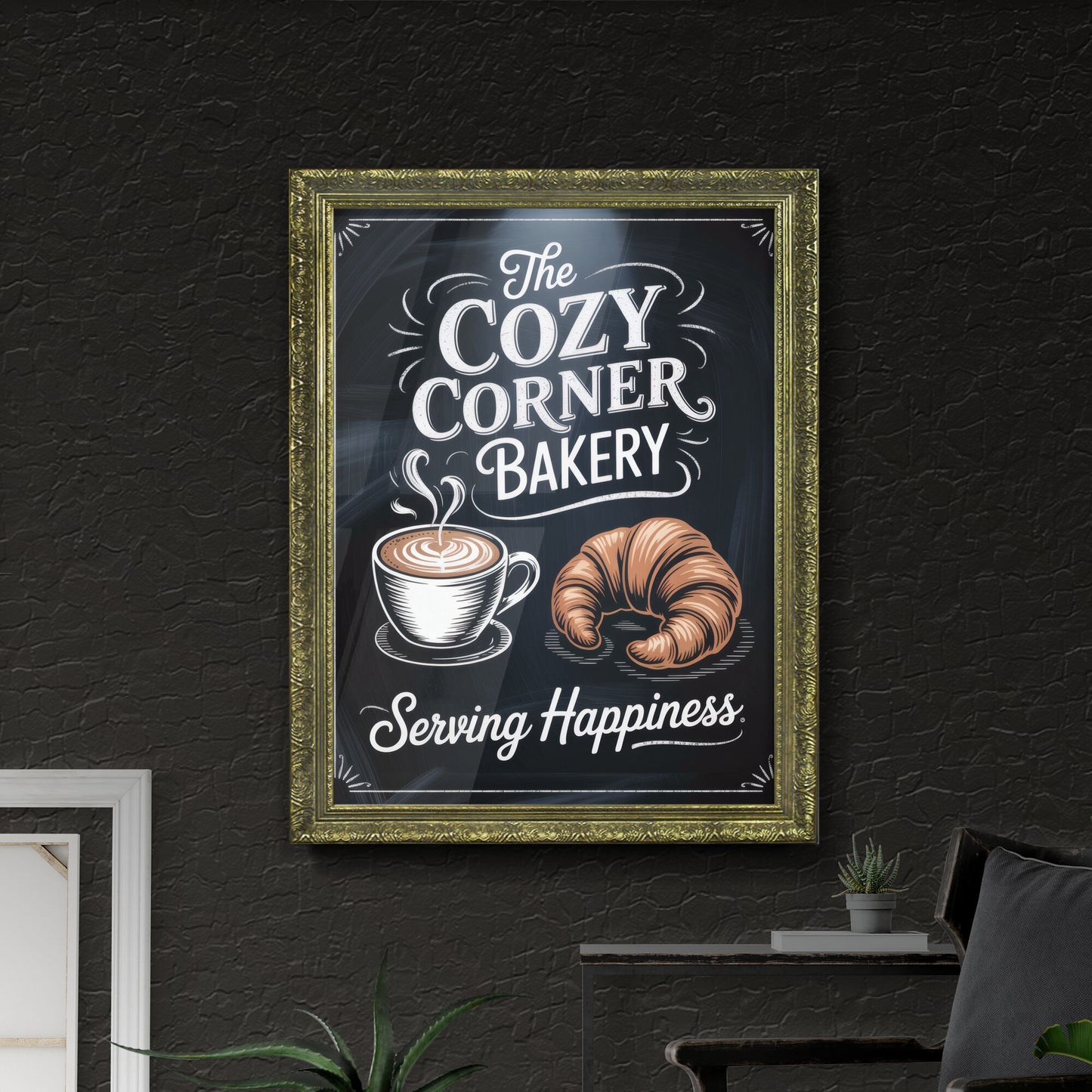 Warm and Inviting Bakery Logo Featuring Coffee and Croissant, Emphasizing Happiness and Comfort.