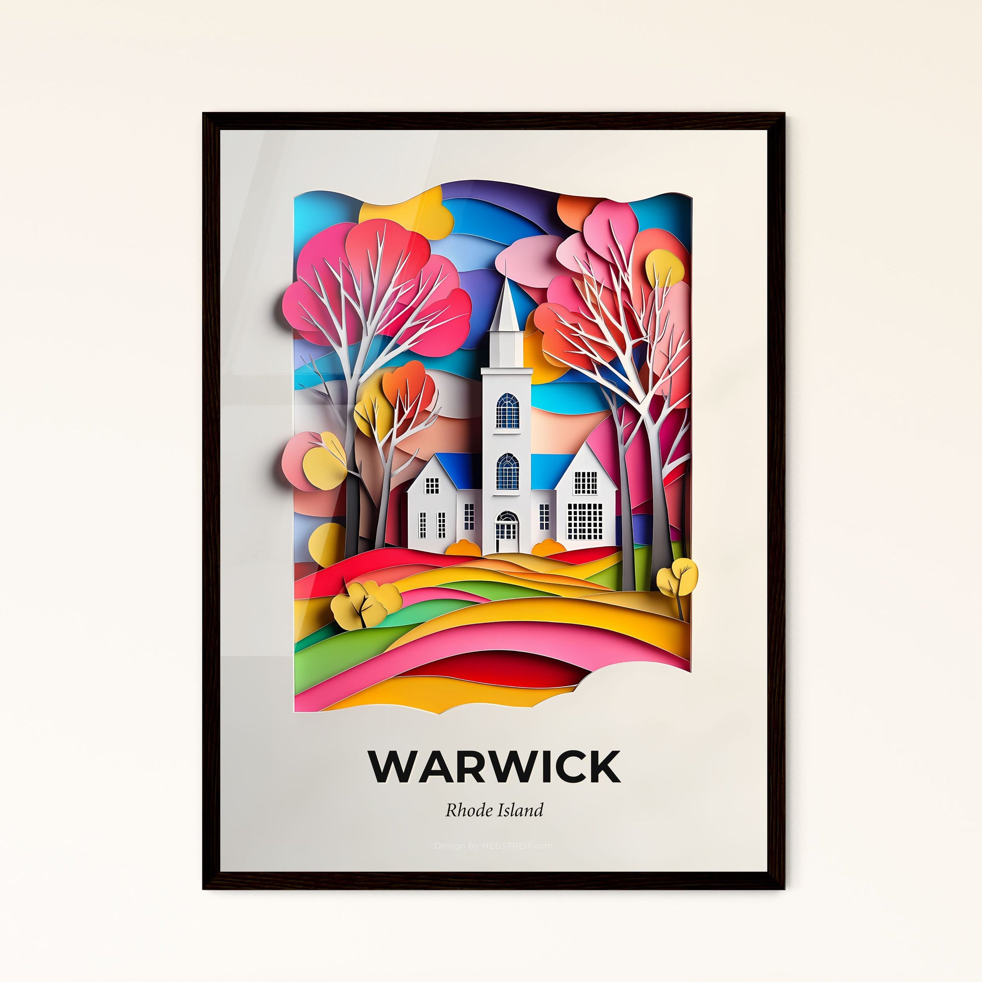 Vivid Warwick, Rhode Island - a paper cut of a church with trees