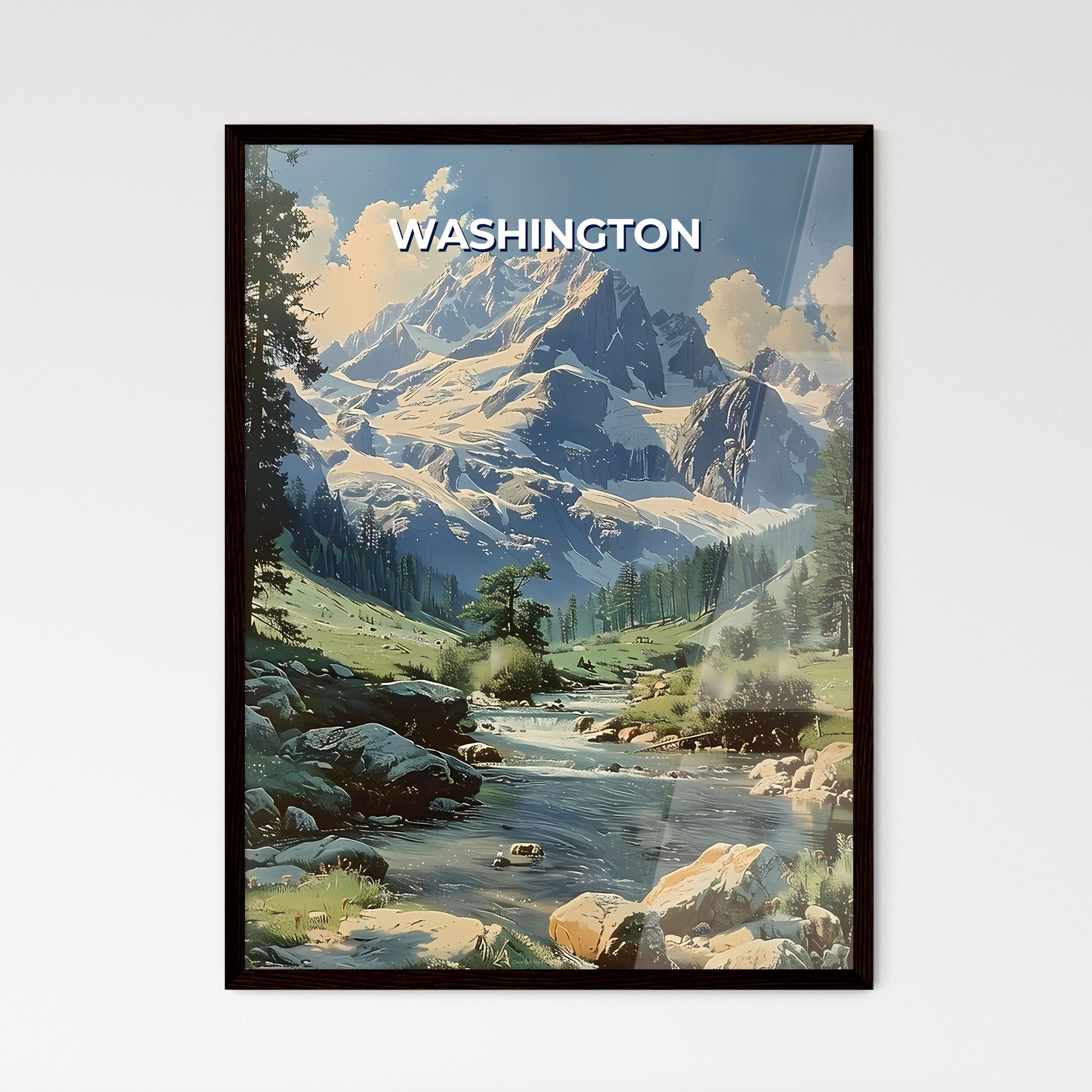 Enchanting Hand-Painted Scenic Artwork Depicting a Serene Valley with Winding River, Majestic Mountains, and Verdant Trees