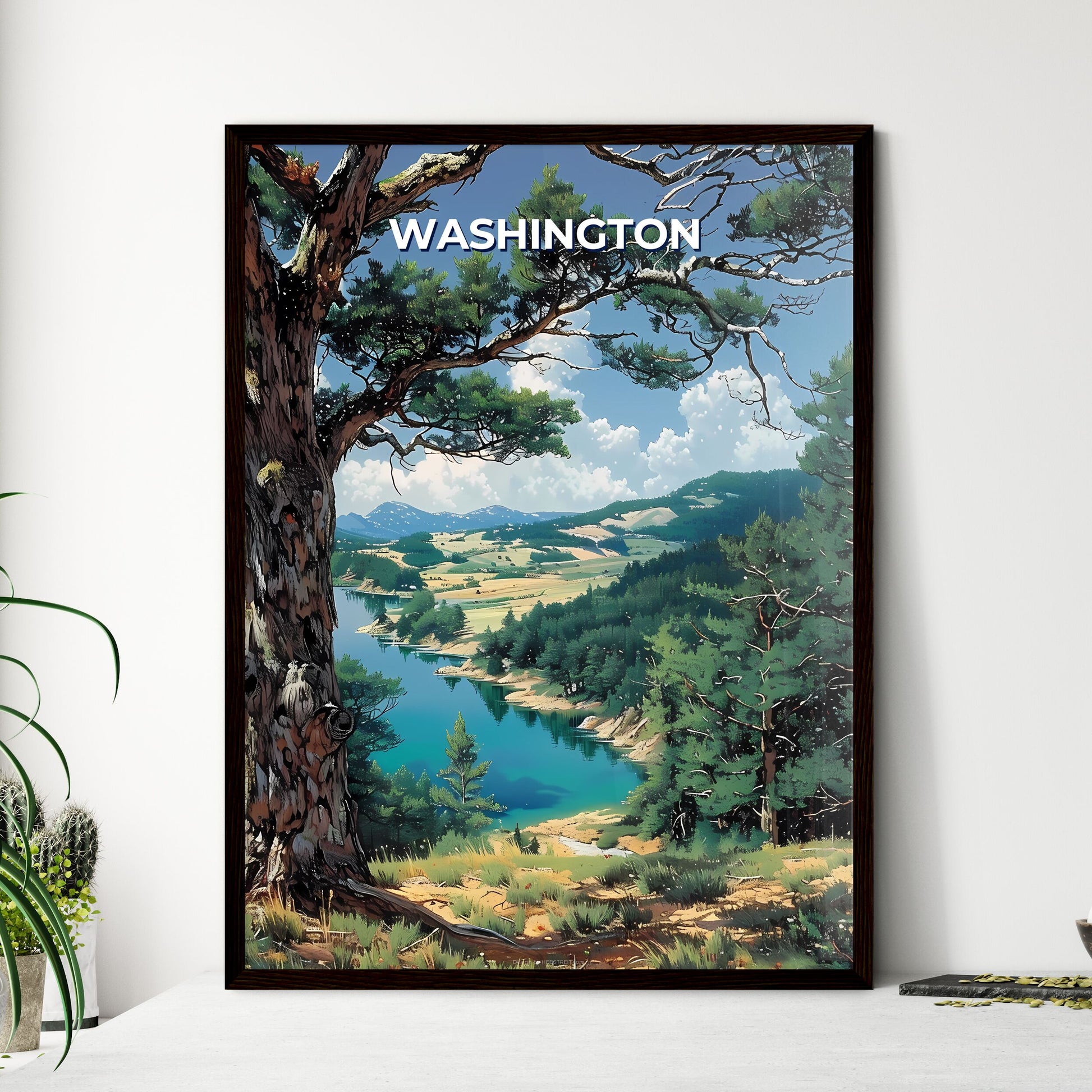 Vibrant Painting of a Washington Landscape: Scenic Lake and Trees