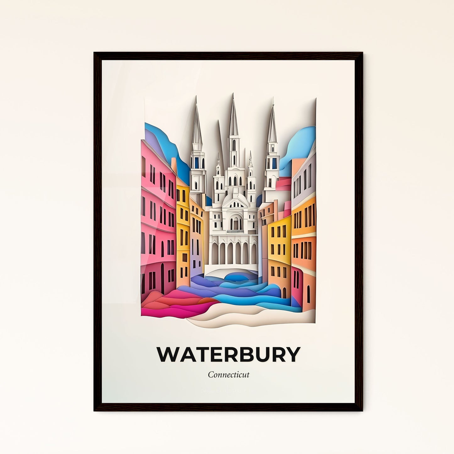 Vivid Waterbury, Connecticut - a paper cut of a city with a church