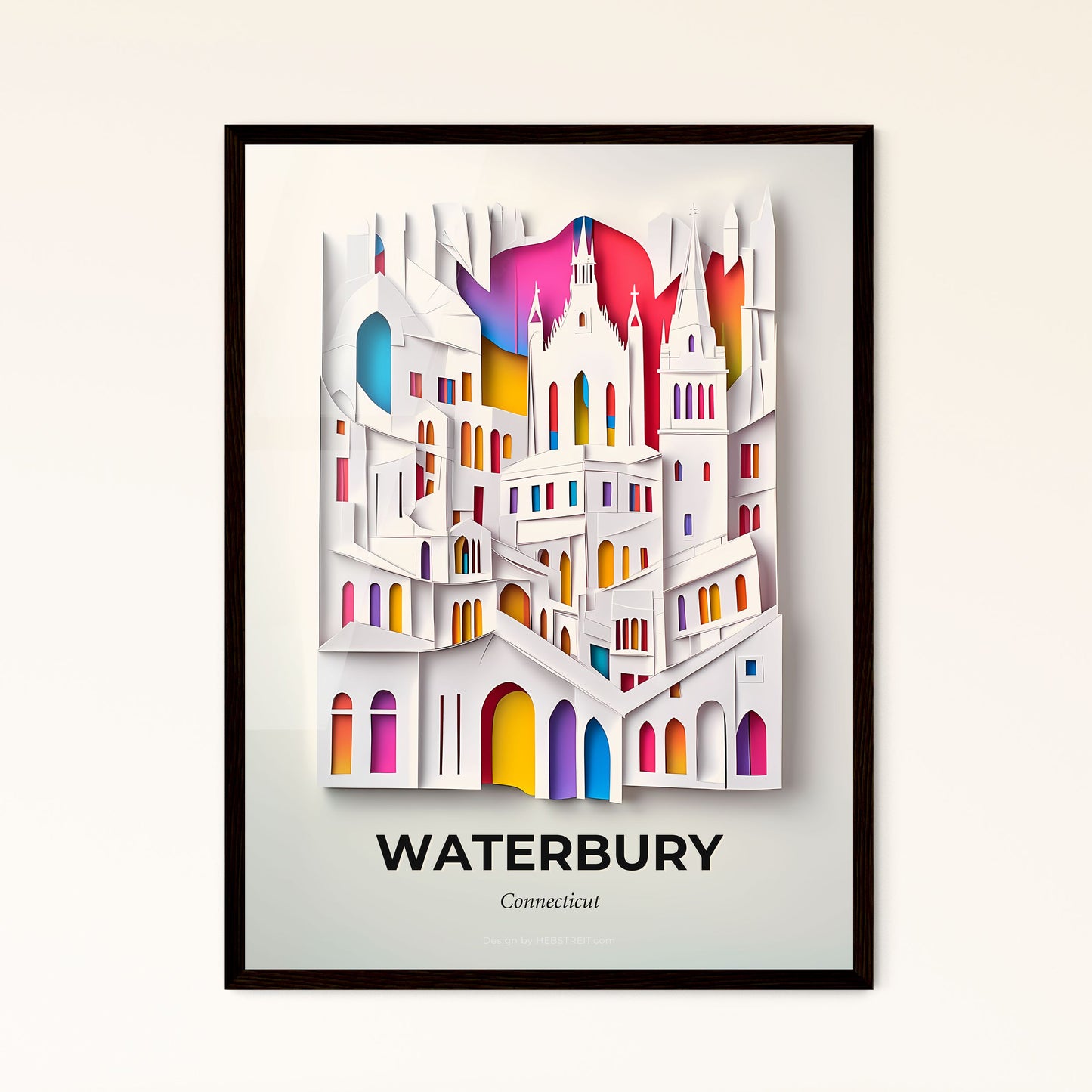 Vivid Waterbury, Connecticut - a paper cut of a city with a rainbow sky