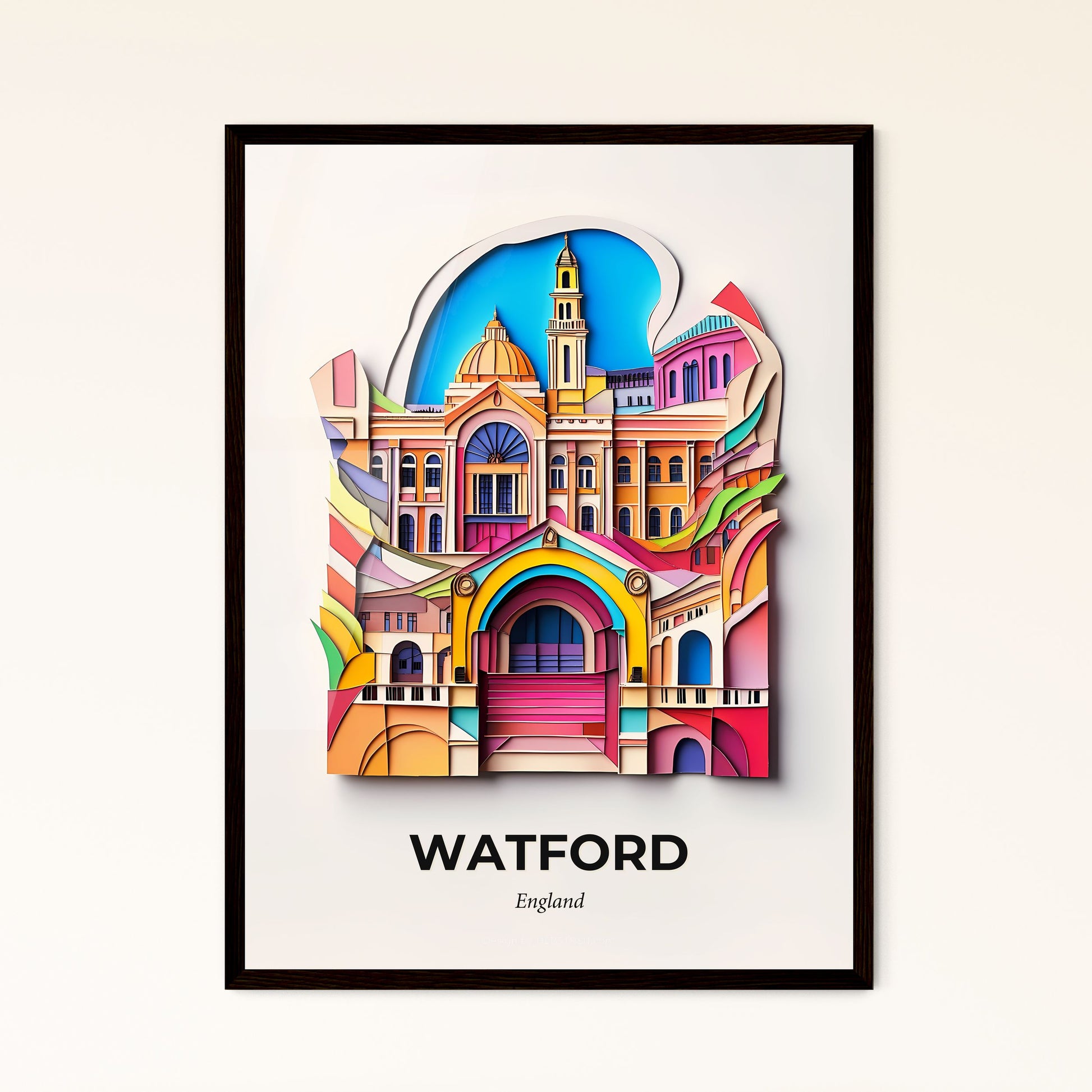 Vivid Watford, England - a colorful picture of a building with a clock tower