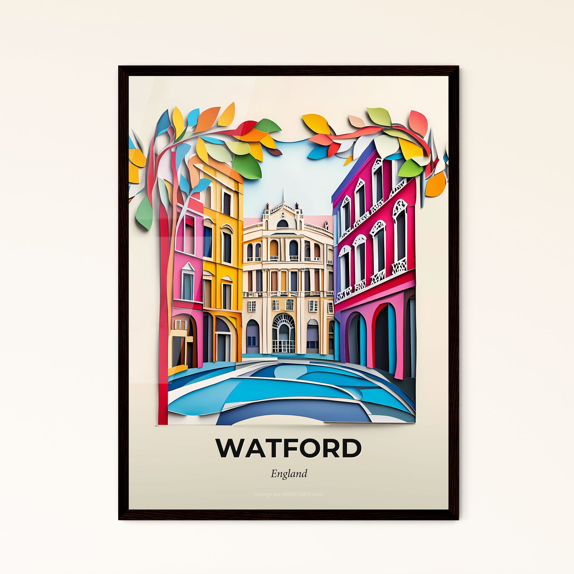 Vivid Watford, England - a colorful city scene with a tree and a building